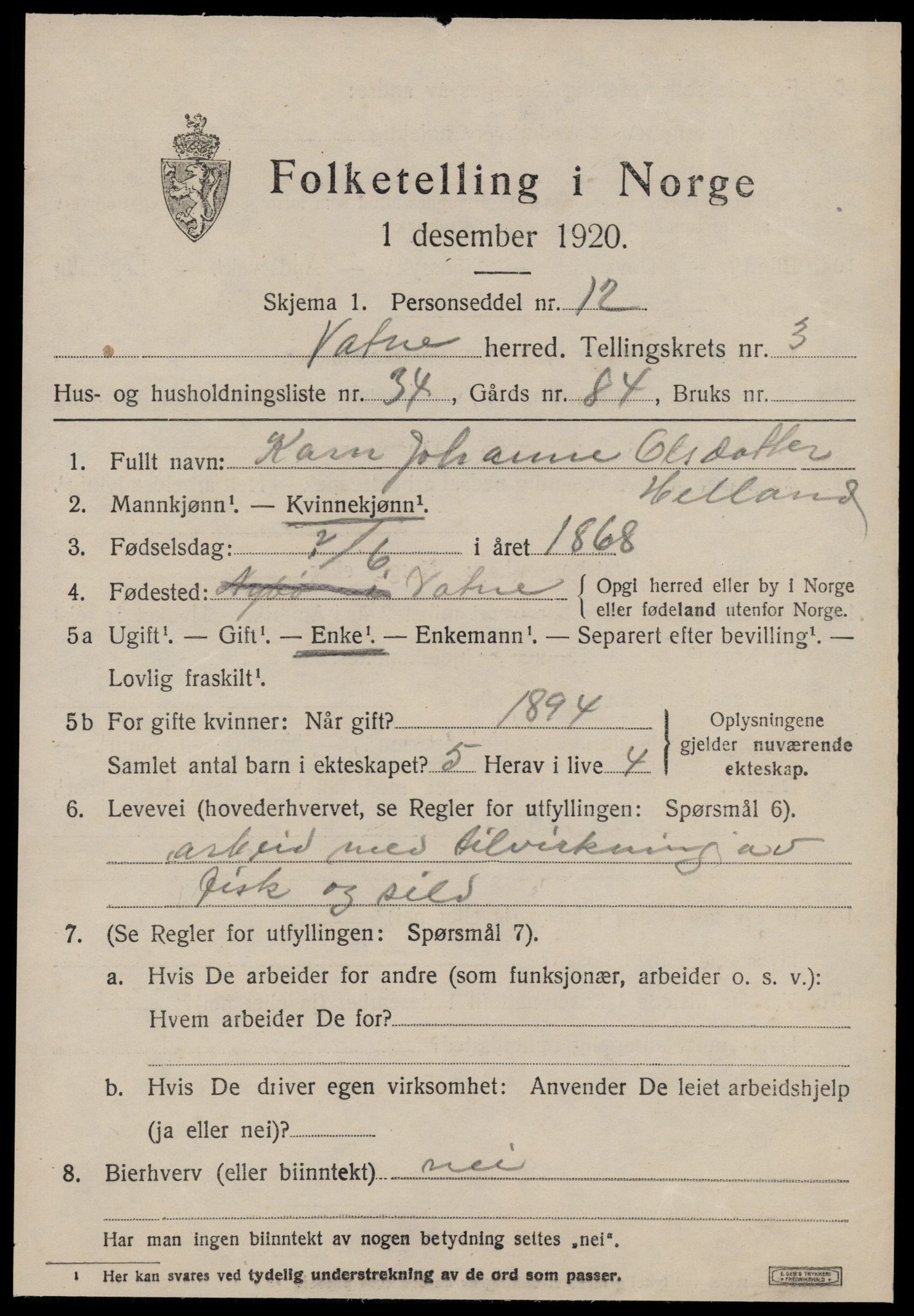 SAT, 1920 census for Vatne, 1920, p. 1810