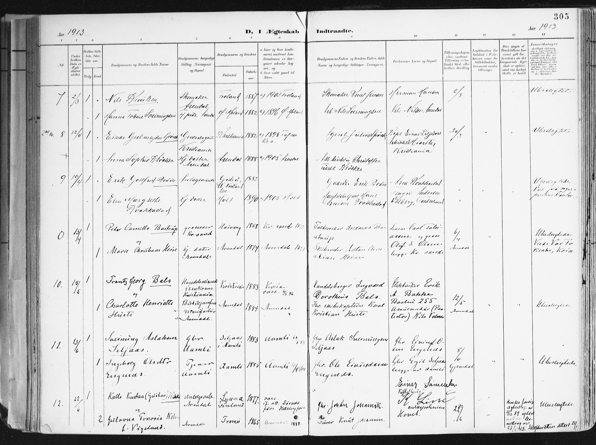 Arendal sokneprestkontor, Trefoldighet, AV/SAK-1111-0040/F/Fa/L0010: Parish register (official) no. A 10, 1900-1919, p. 305