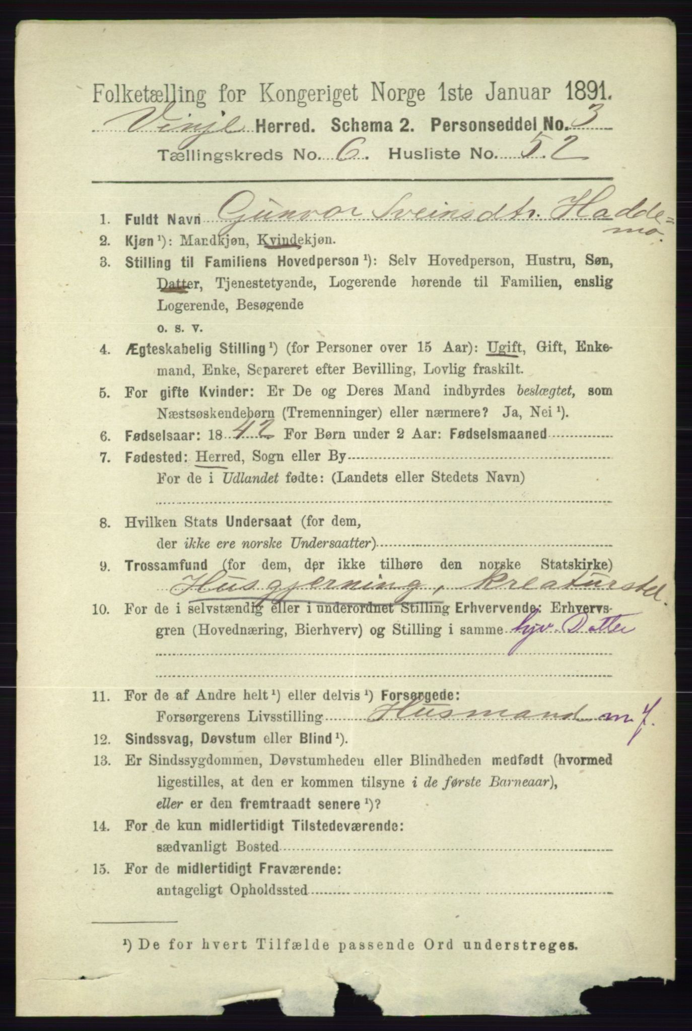 RA, 1891 census for 0834 Vinje, 1891, p. 1747