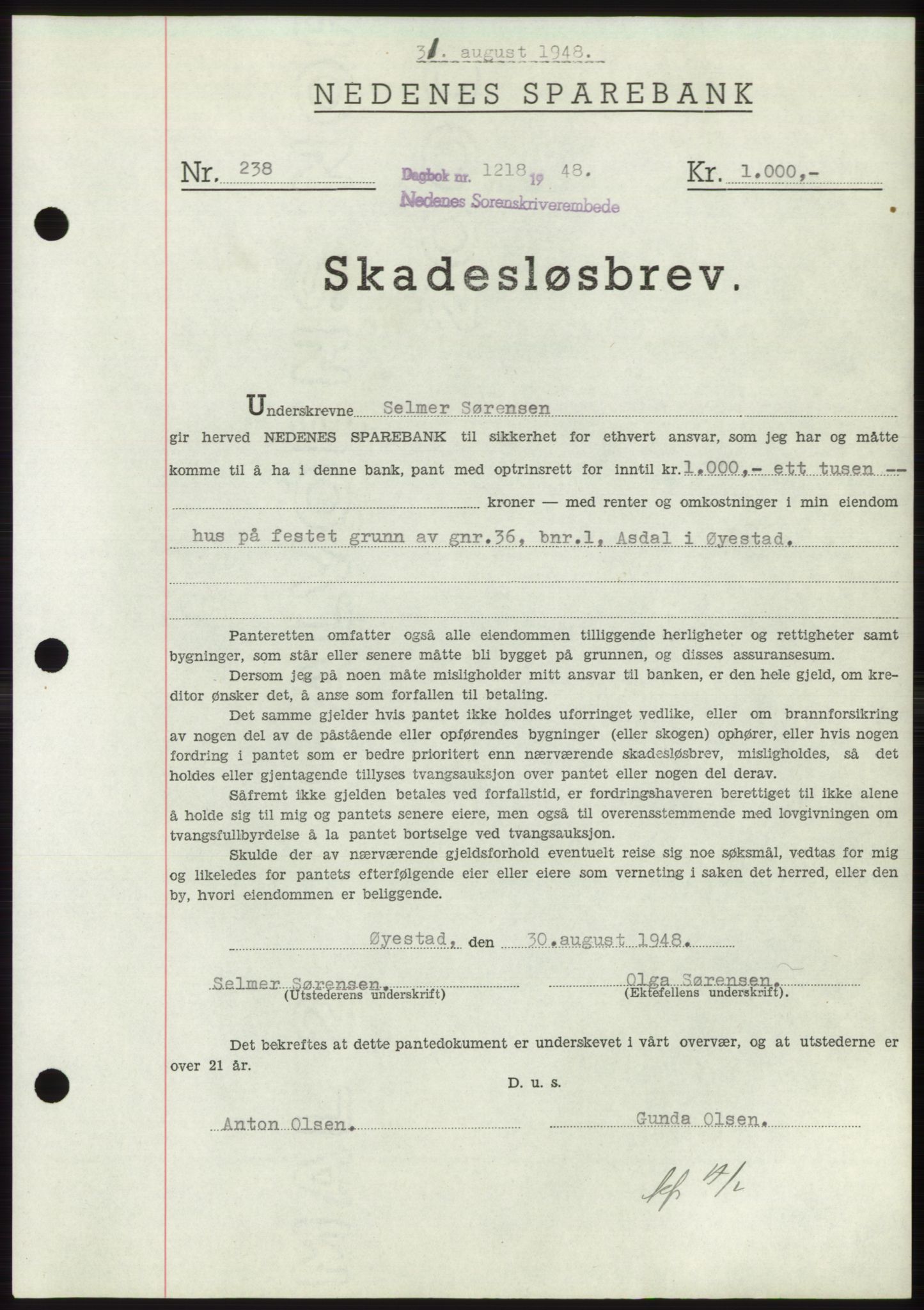 Nedenes sorenskriveri, AV/SAK-1221-0006/G/Gb/Gbb/L0005: Mortgage book no. B5, 1948-1948, Diary no: : 1218/1948