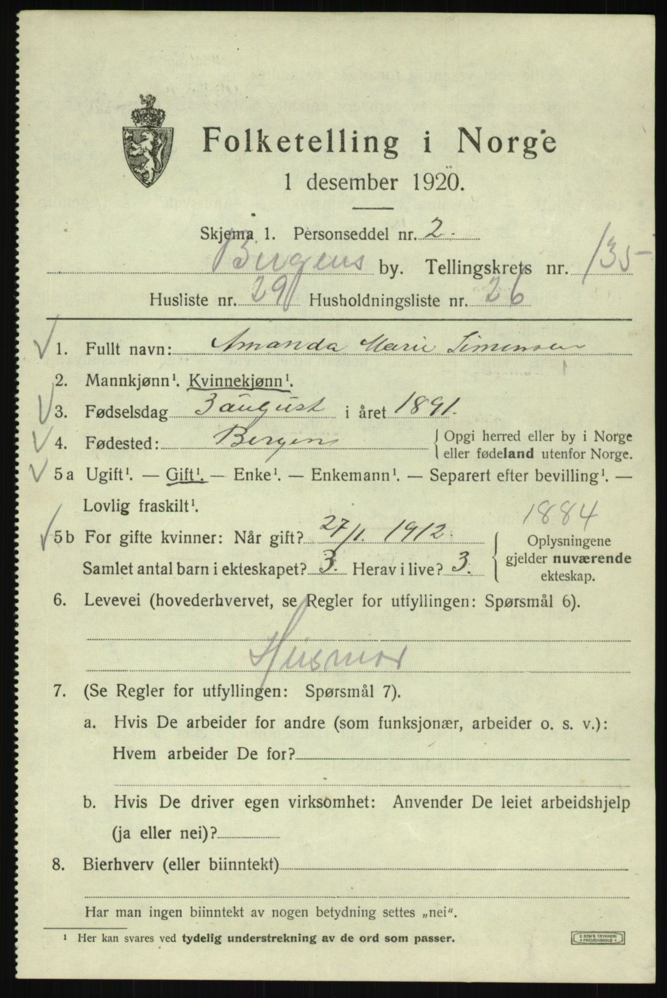 SAB, 1920 census for Bergen, 1920, p. 226742