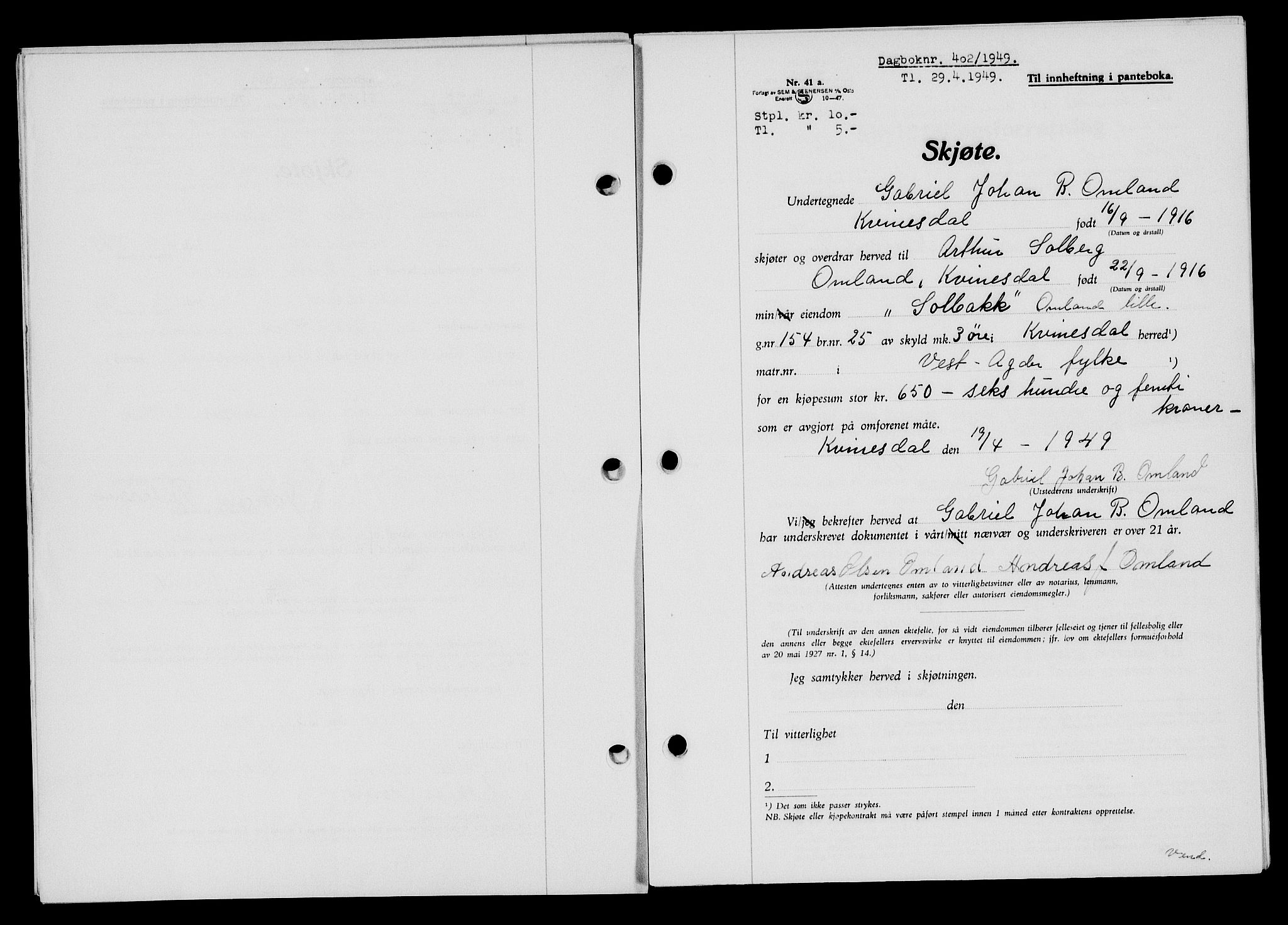 Flekkefjord sorenskriveri, SAK/1221-0001/G/Gb/Gba/L0065: Mortgage book no. A-13, 1949-1949, Diary no: : 402/1949