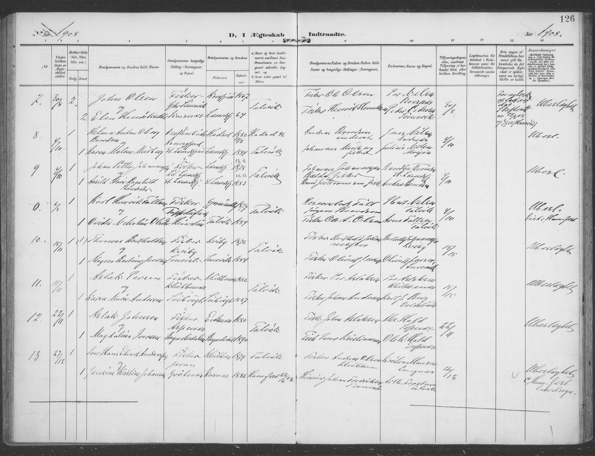Talvik sokneprestkontor, SATØ/S-1337/H/Ha/L0017kirke: Parish register (official) no. 17, 1906-1915, p. 126
