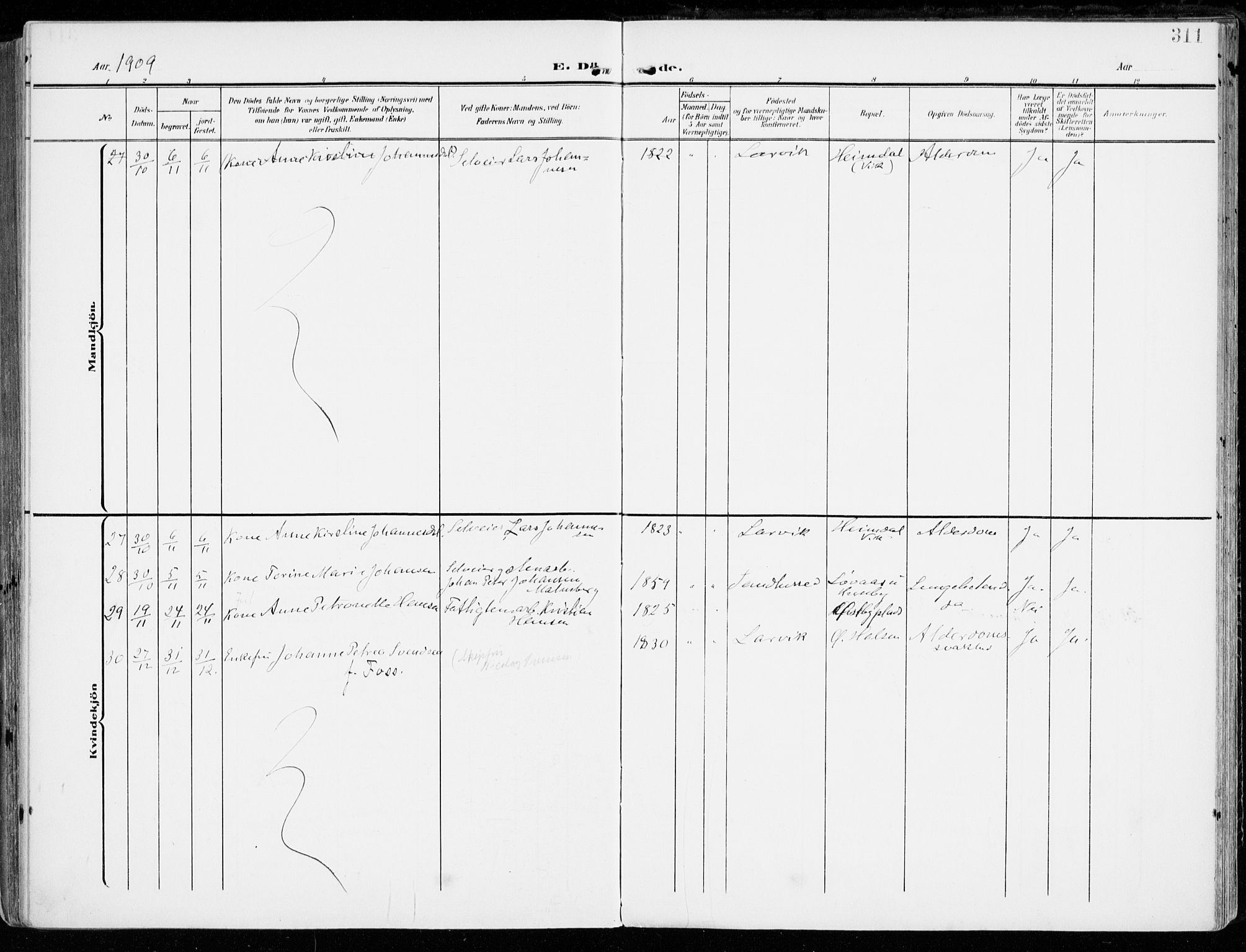Tjølling kirkebøker, SAKO/A-60/F/Fa/L0010: Parish register (official) no. 10, 1906-1923, p. 311