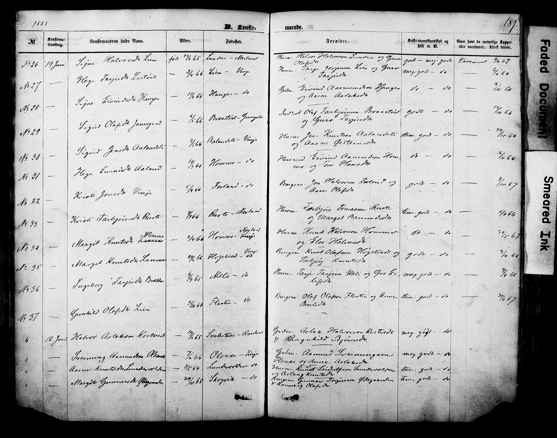 Vinje kirkebøker, SAKO/A-312/F/Fa/L0005: Parish register (official) no. I 5, 1870-1886, p. 189