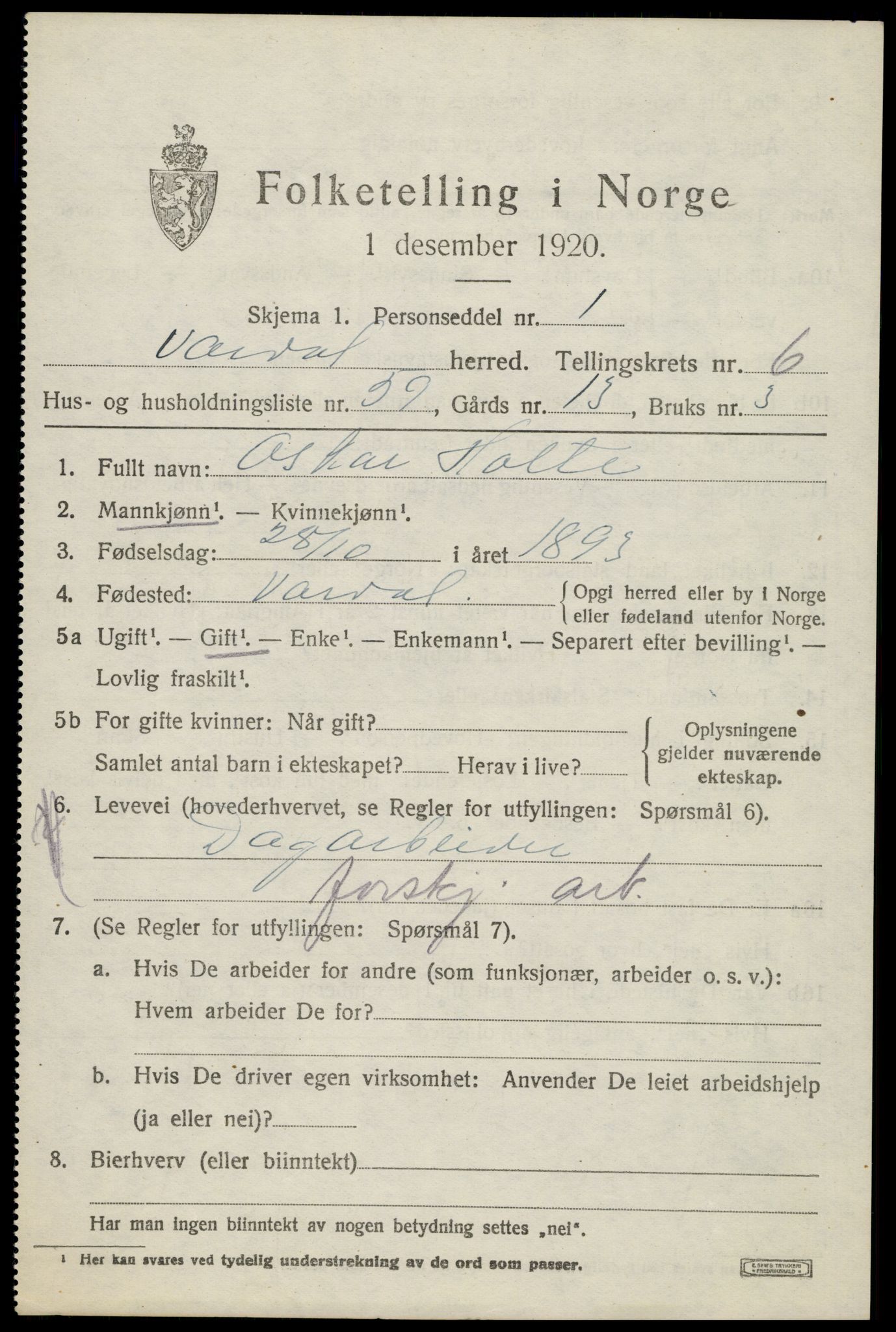 SAH, 1920 census for Vardal, 1920, p. 4545