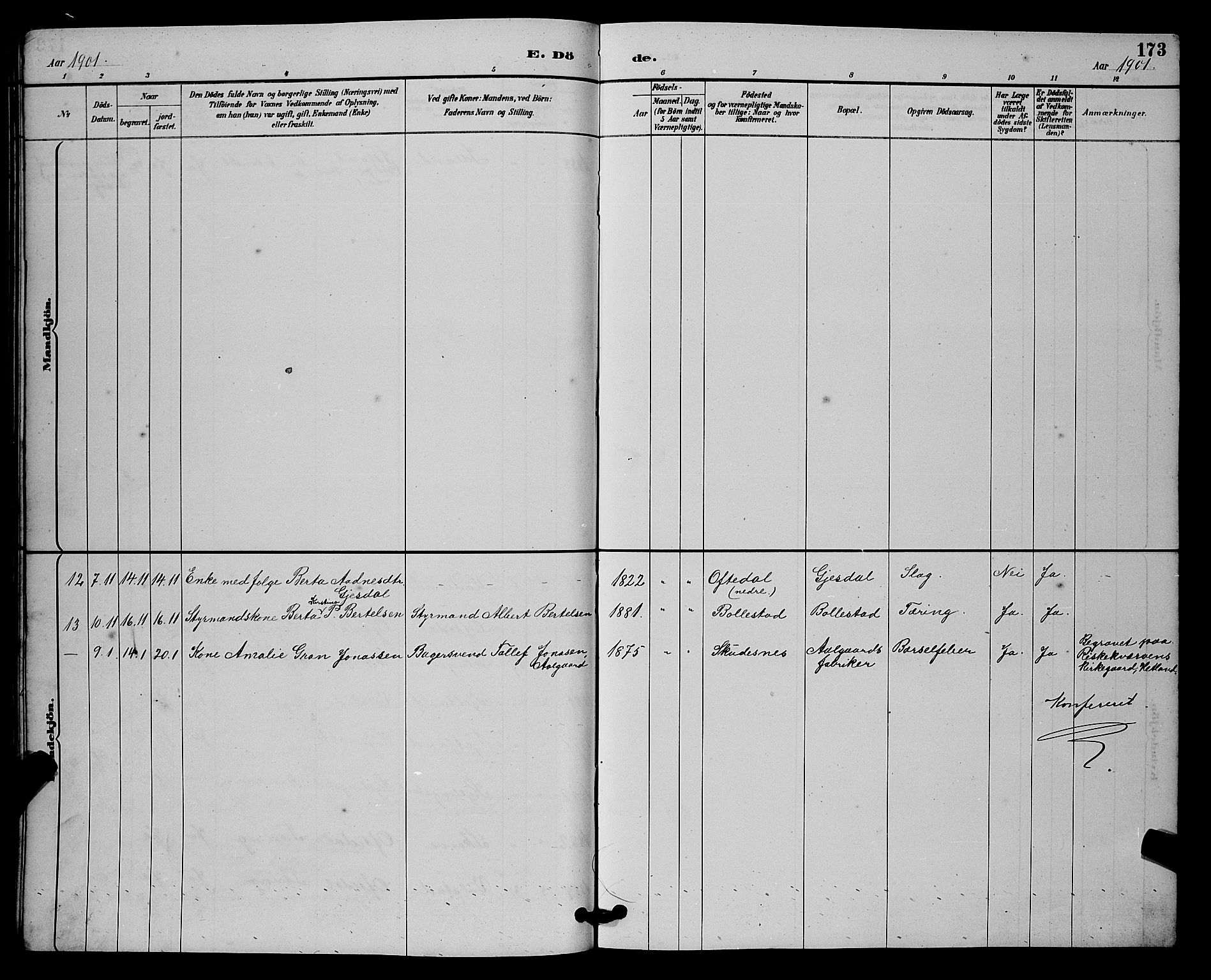 Lye sokneprestkontor, AV/SAST-A-101794/001/30BB/L0008: Parish register (copy) no. B 7, 1887-1901, p. 173