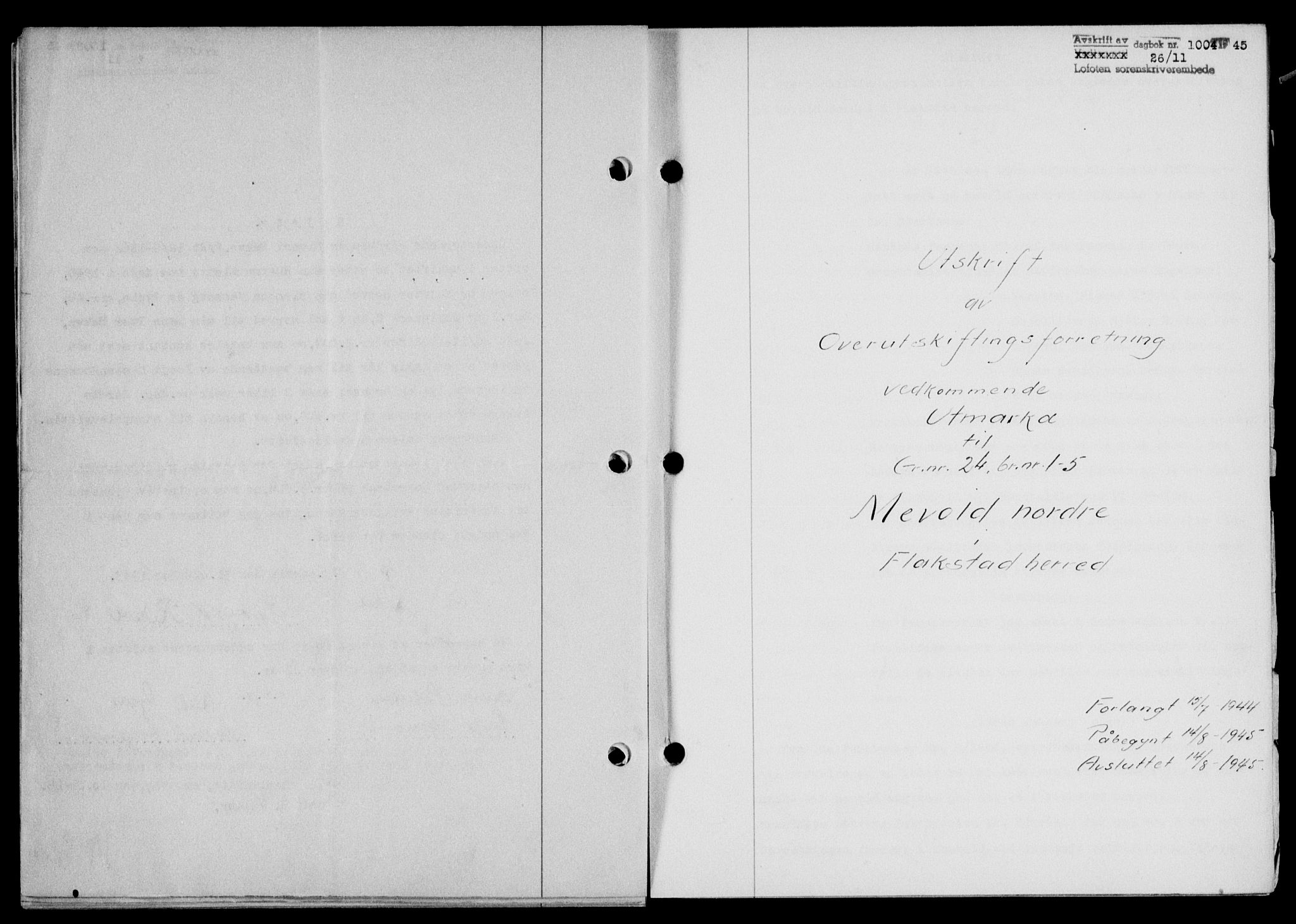 Lofoten sorenskriveri, SAT/A-0017/1/2/2C/L0013a: Mortgage book no. 13a, 1944-1946, Diary no: : 1004/1945