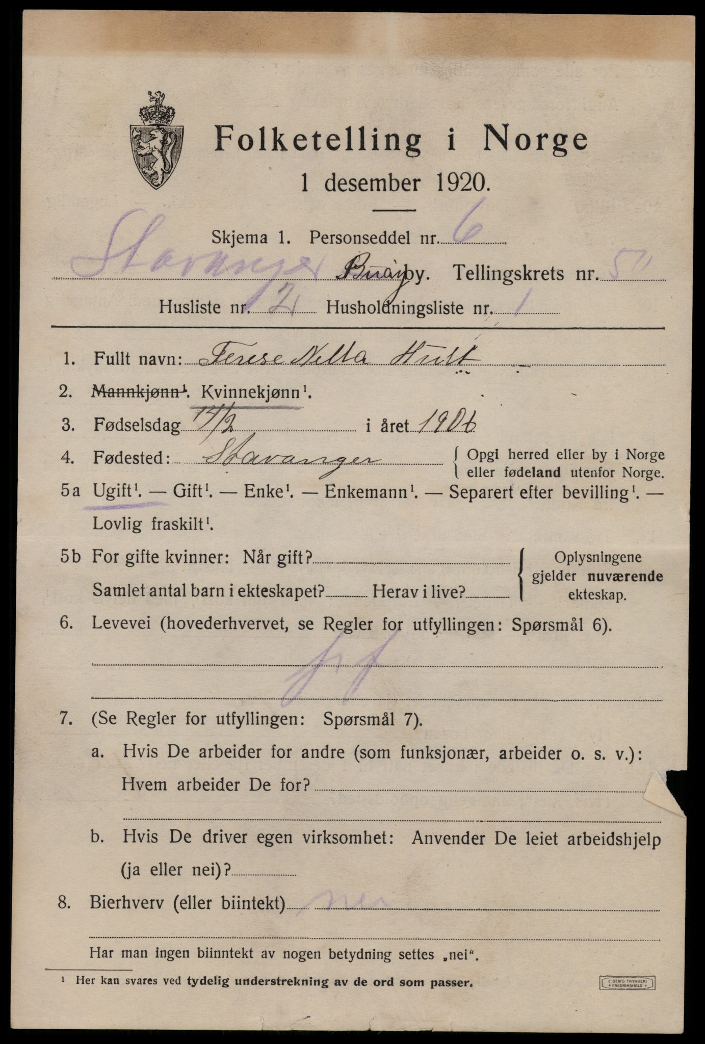 SAST, 1920 census for Stavanger, 1920, p. 119888