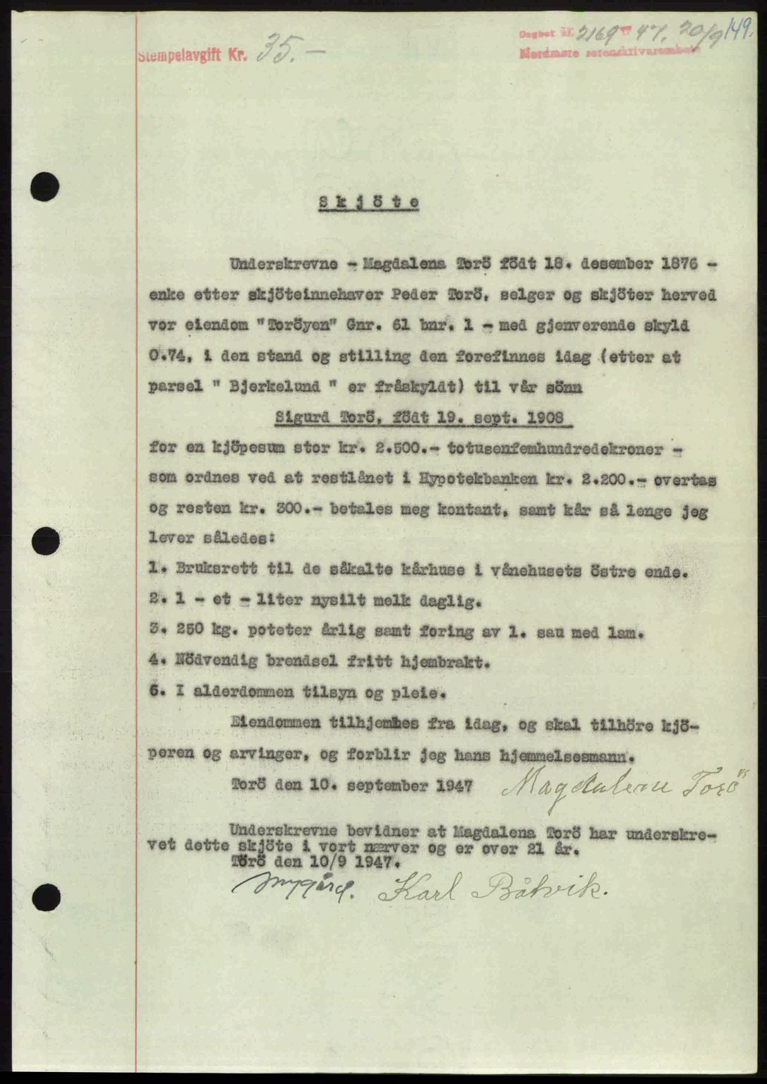 Nordmøre sorenskriveri, AV/SAT-A-4132/1/2/2Ca: Mortgage book no. A106, 1947-1947, Diary no: : 2169/1947