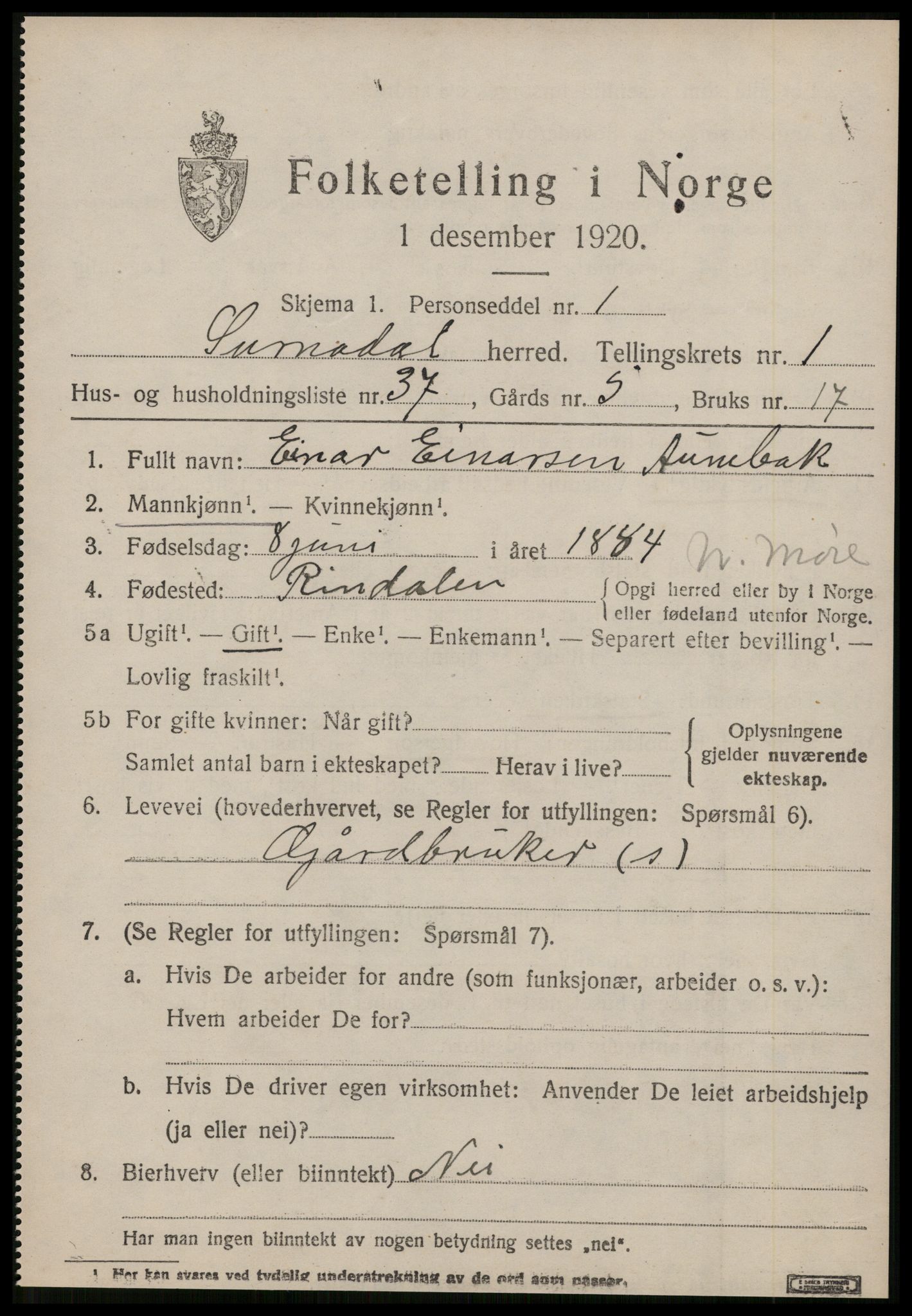 SAT, 1920 census for Surnadal, 1920, p. 1513