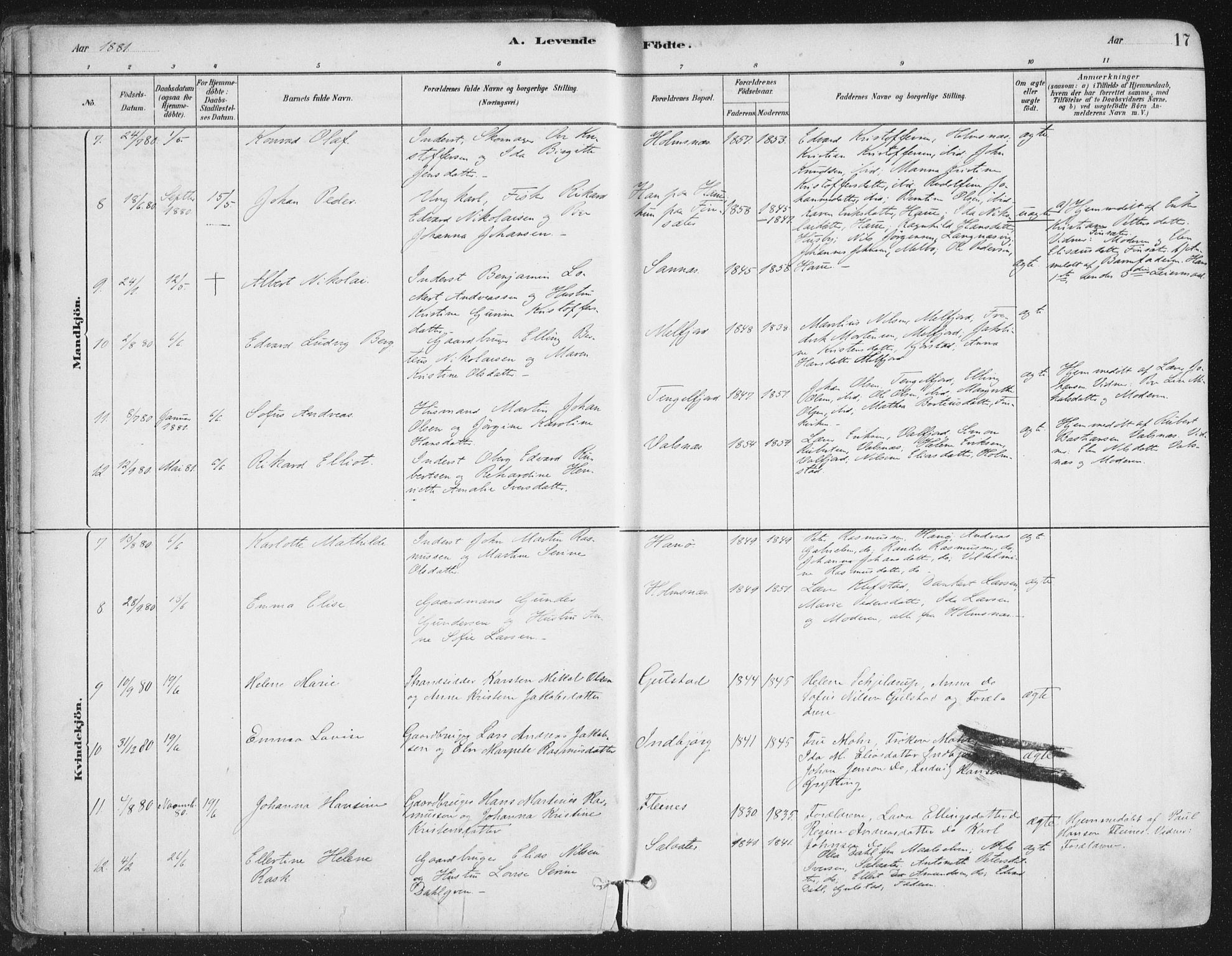 Ministerialprotokoller, klokkerbøker og fødselsregistre - Nordland, SAT/A-1459/888/L1244: Parish register (official) no. 888A10, 1880-1890, p. 17