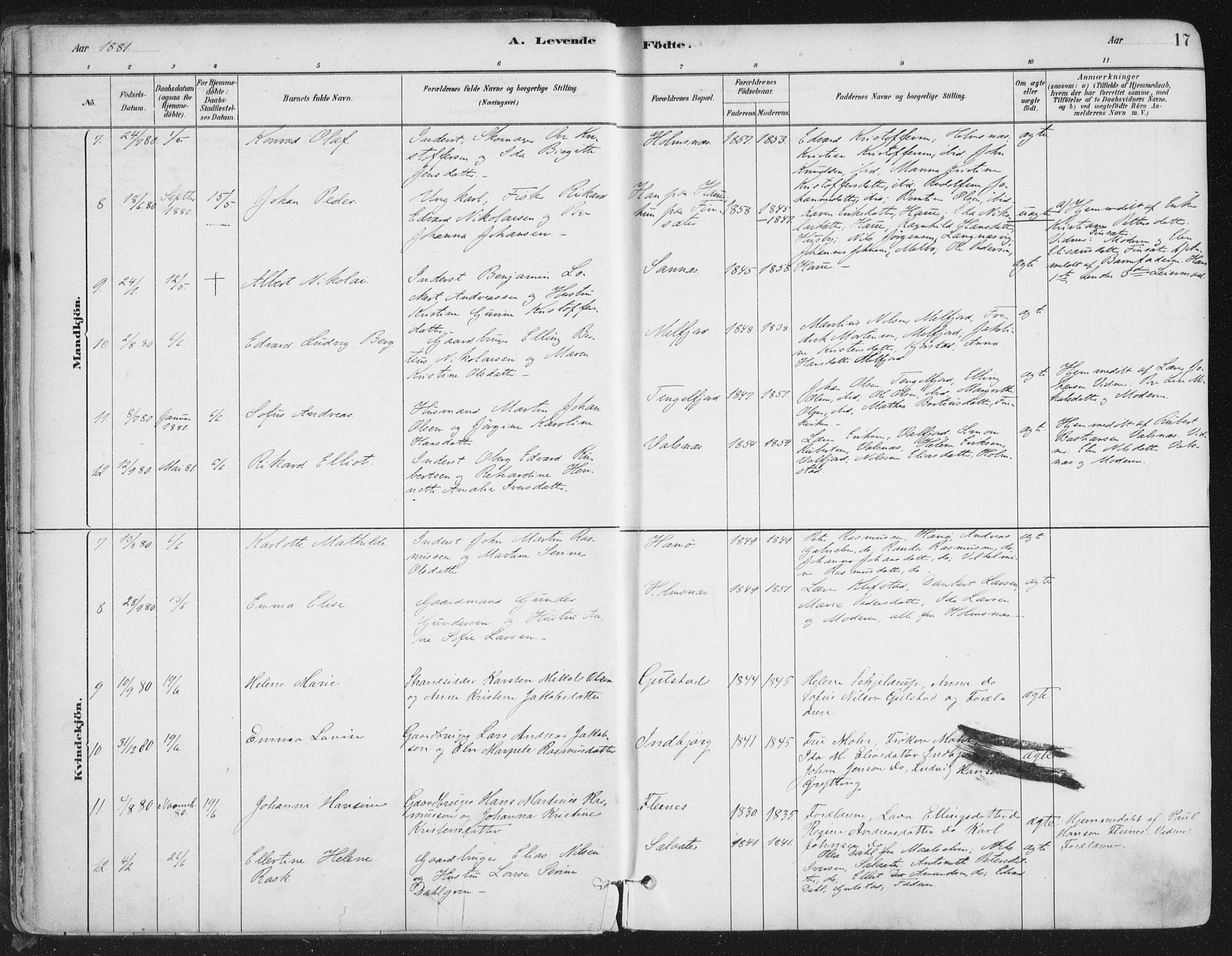 Ministerialprotokoller, klokkerbøker og fødselsregistre - Nordland, AV/SAT-A-1459/888/L1244: Parish register (official) no. 888A10, 1880-1890, p. 17