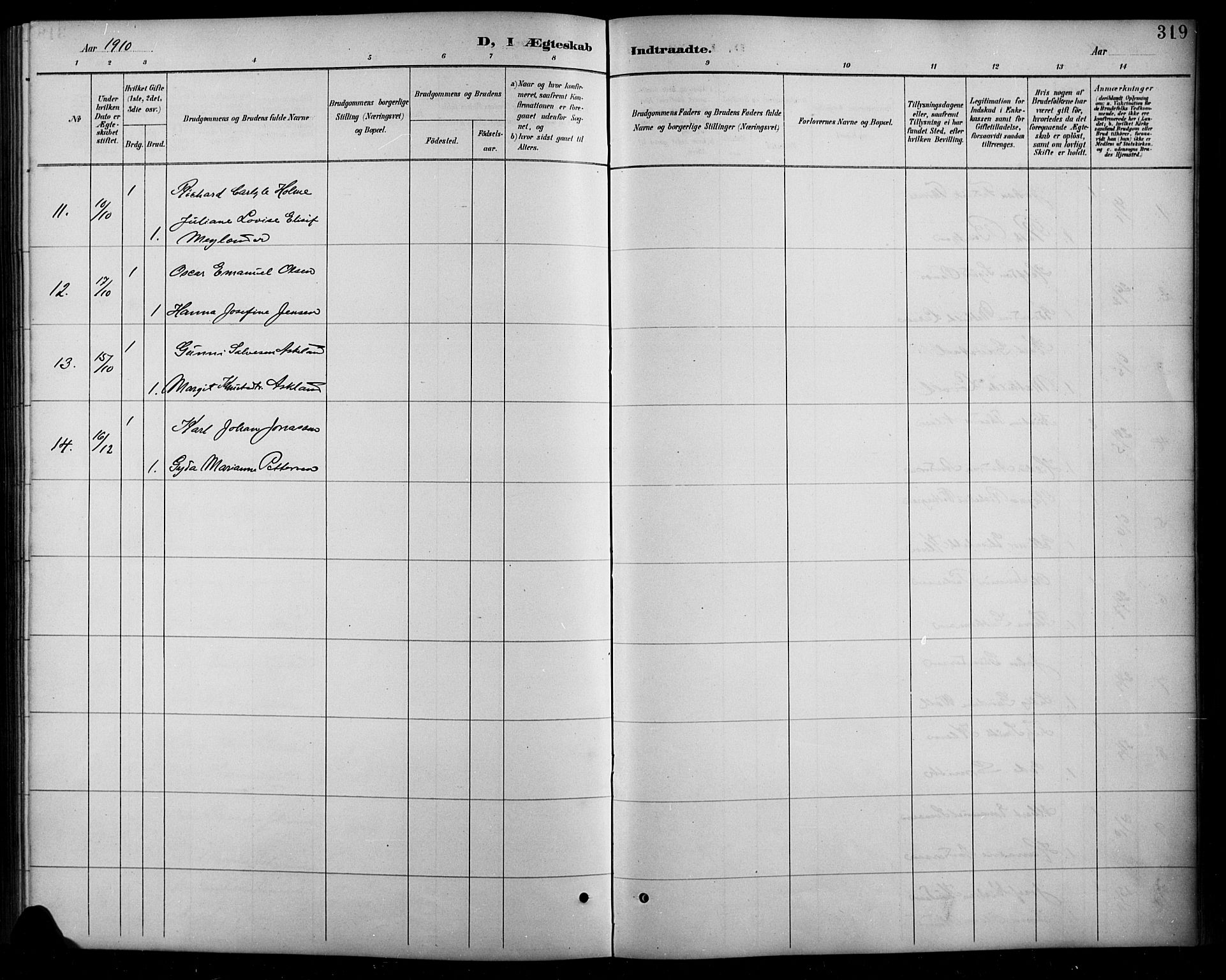 Arendal sokneprestkontor, Trefoldighet, AV/SAK-1111-0040/F/Fb/L0006: Parish register (copy) no. B 6, 1889-1916, p. 319