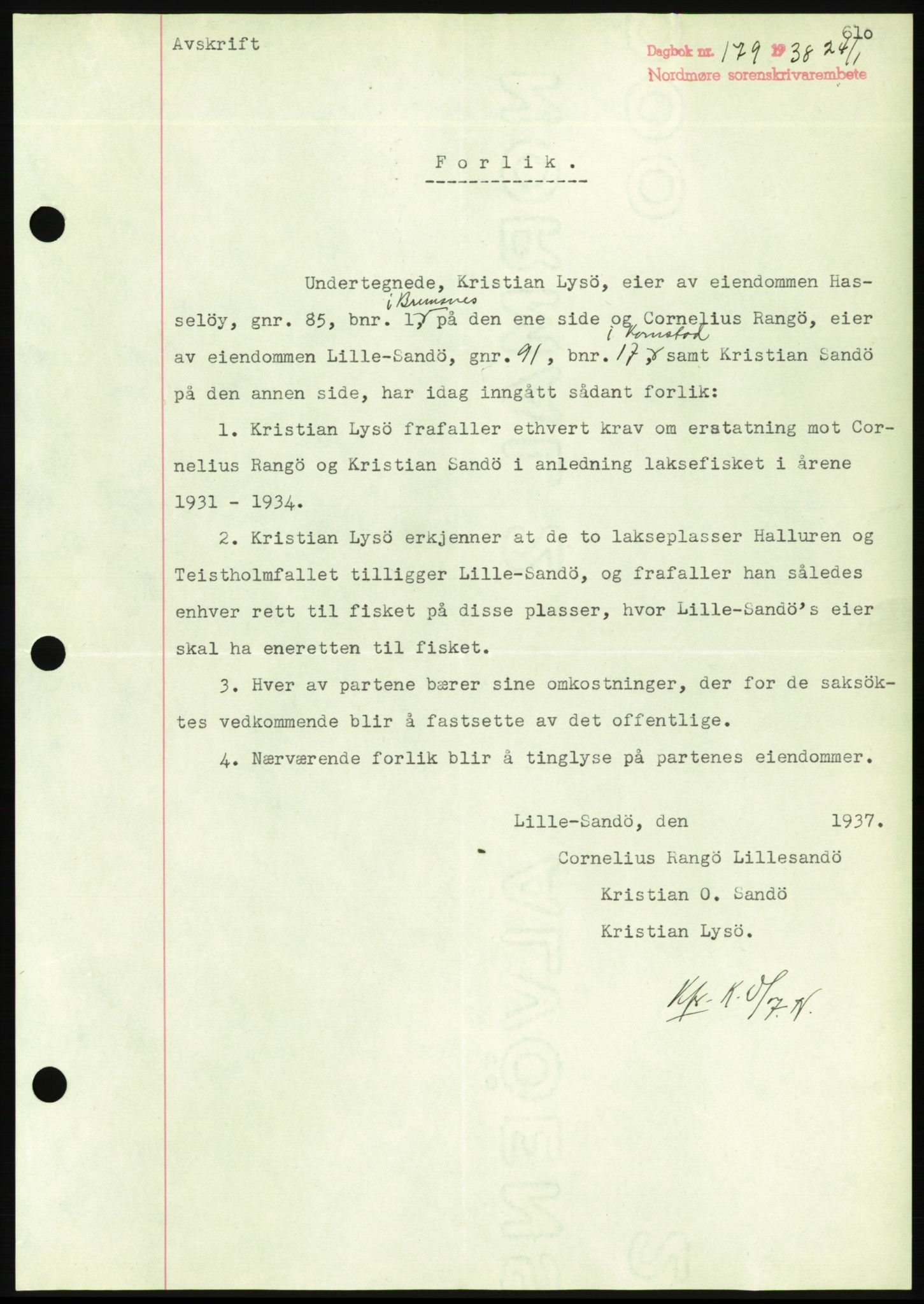 Nordmøre sorenskriveri, AV/SAT-A-4132/1/2/2Ca/L0092: Mortgage book no. B82, 1937-1938, Diary no: : 179/1938