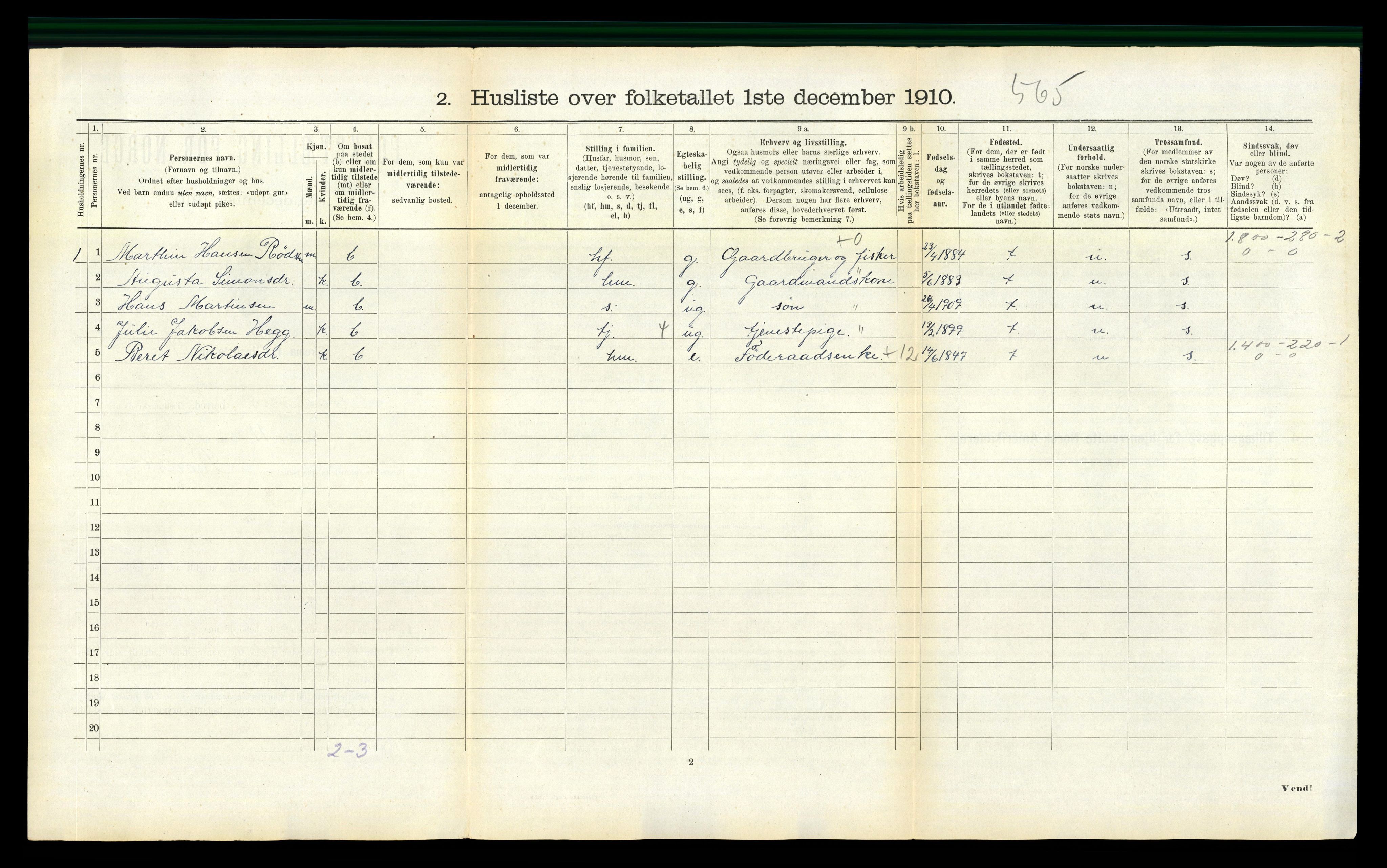 RA, 1910 census for Agdenes, 1910, p. 222