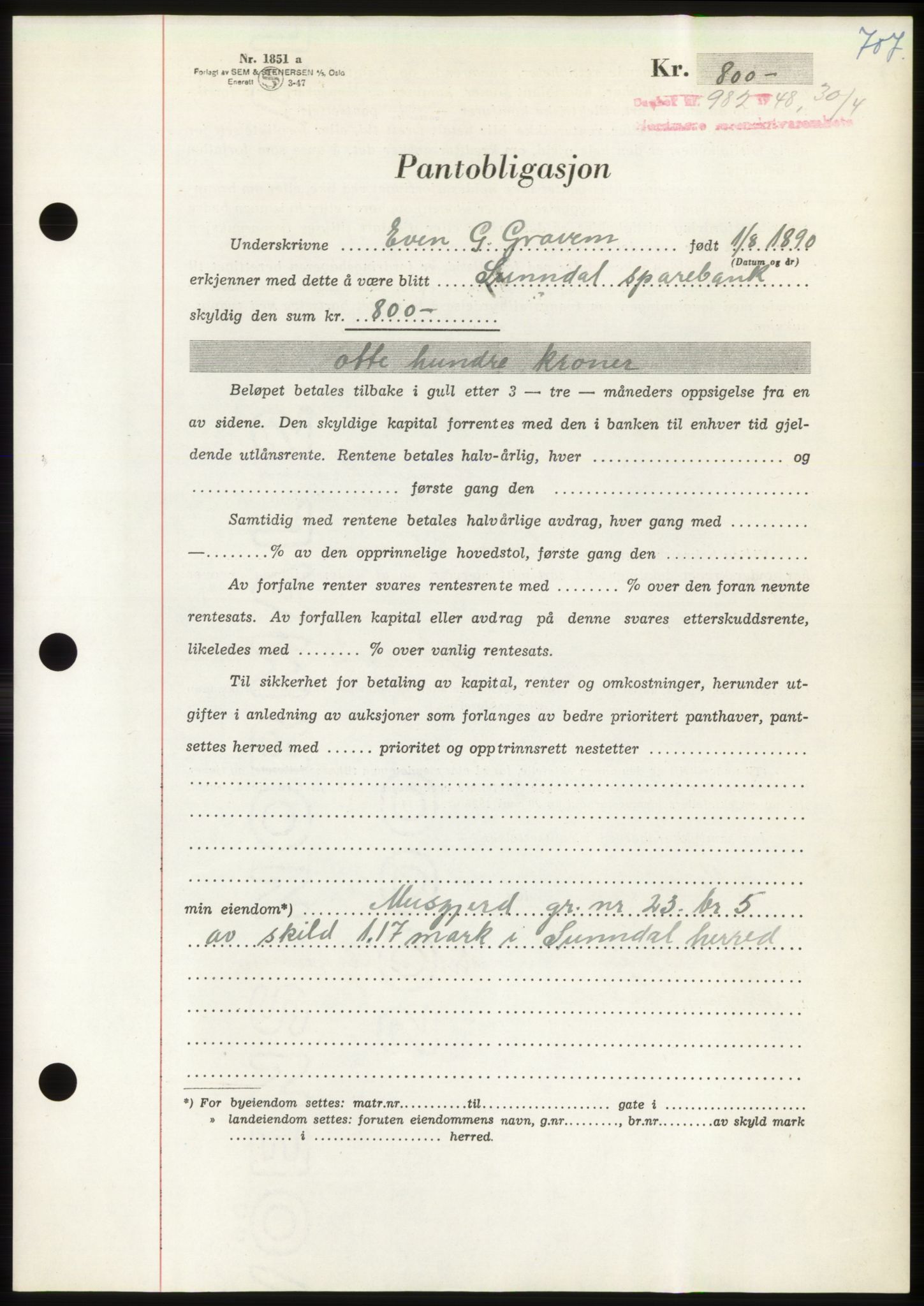 Nordmøre sorenskriveri, AV/SAT-A-4132/1/2/2Ca: Mortgage book no. B98, 1948-1948, Diary no: : 982/1948