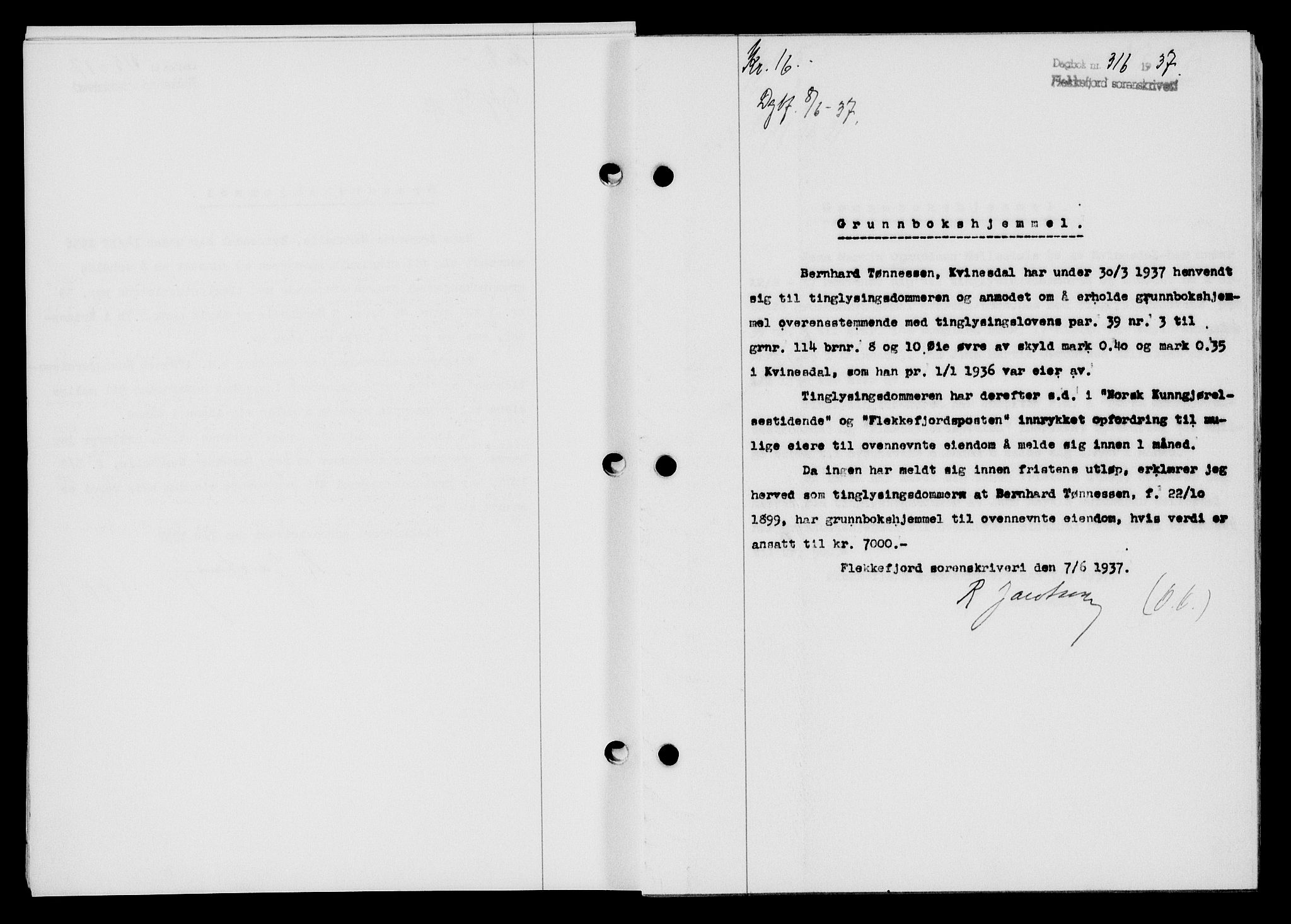 Flekkefjord sorenskriveri, SAK/1221-0001/G/Gb/Gba/L0053: Mortgage book no. A-1, 1936-1937, Diary no: : 316/1937