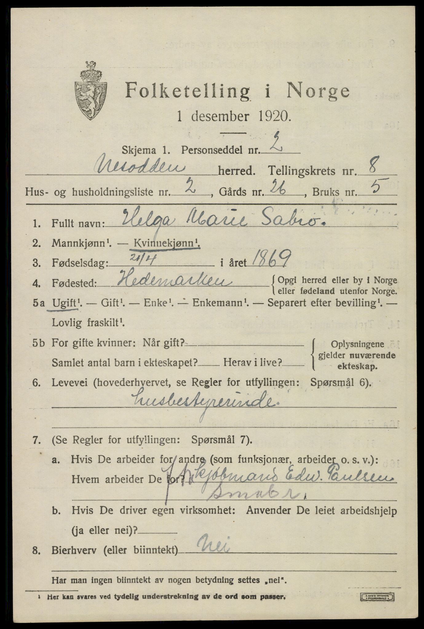 SAO, 1920 census for Nesodden, 1920, p. 6273