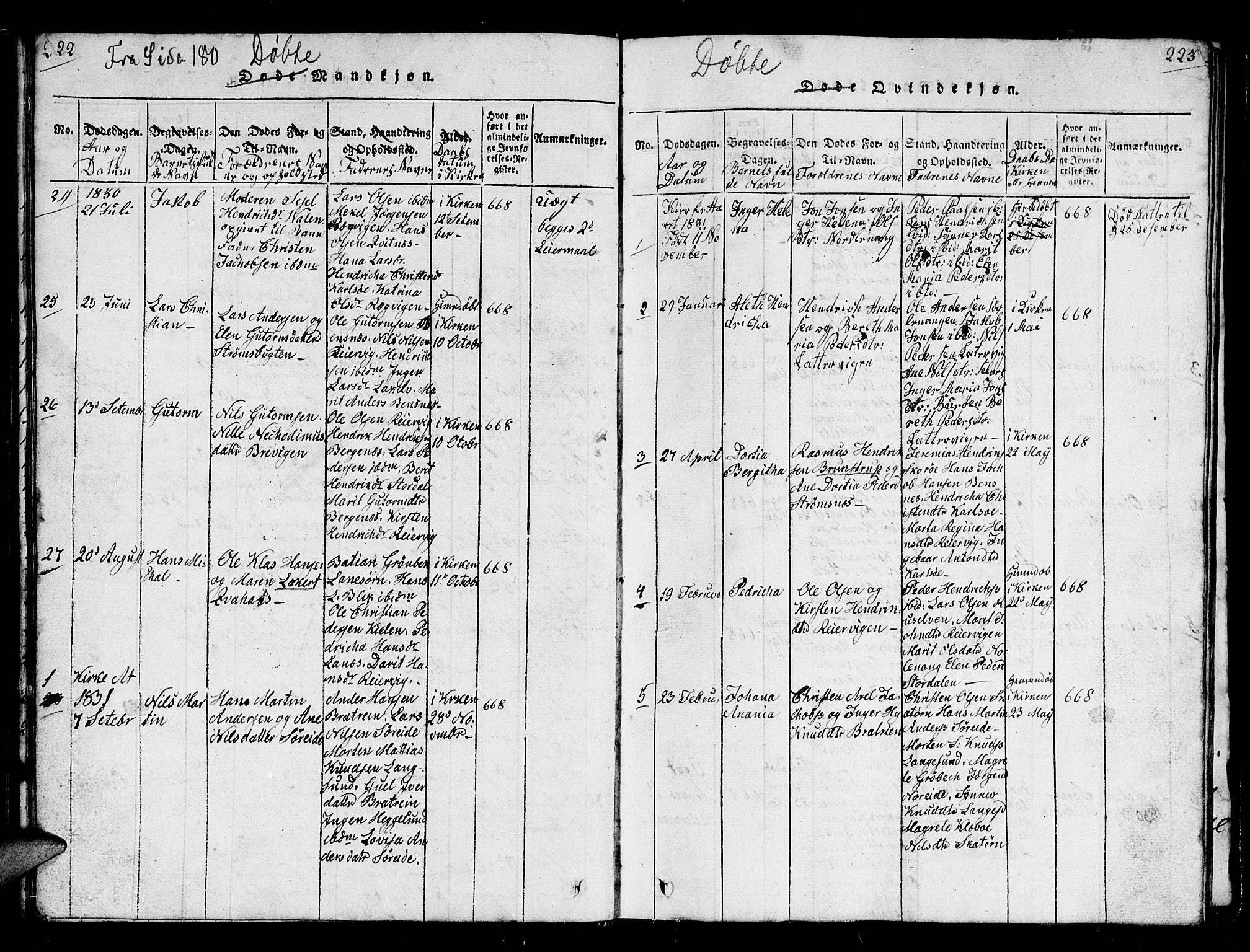 Karlsøy sokneprestembete, SATØ/S-1299/H/Ha/Hab/L0001klokker: Parish register (copy) no. 1, 1821-1840, p. 222-223