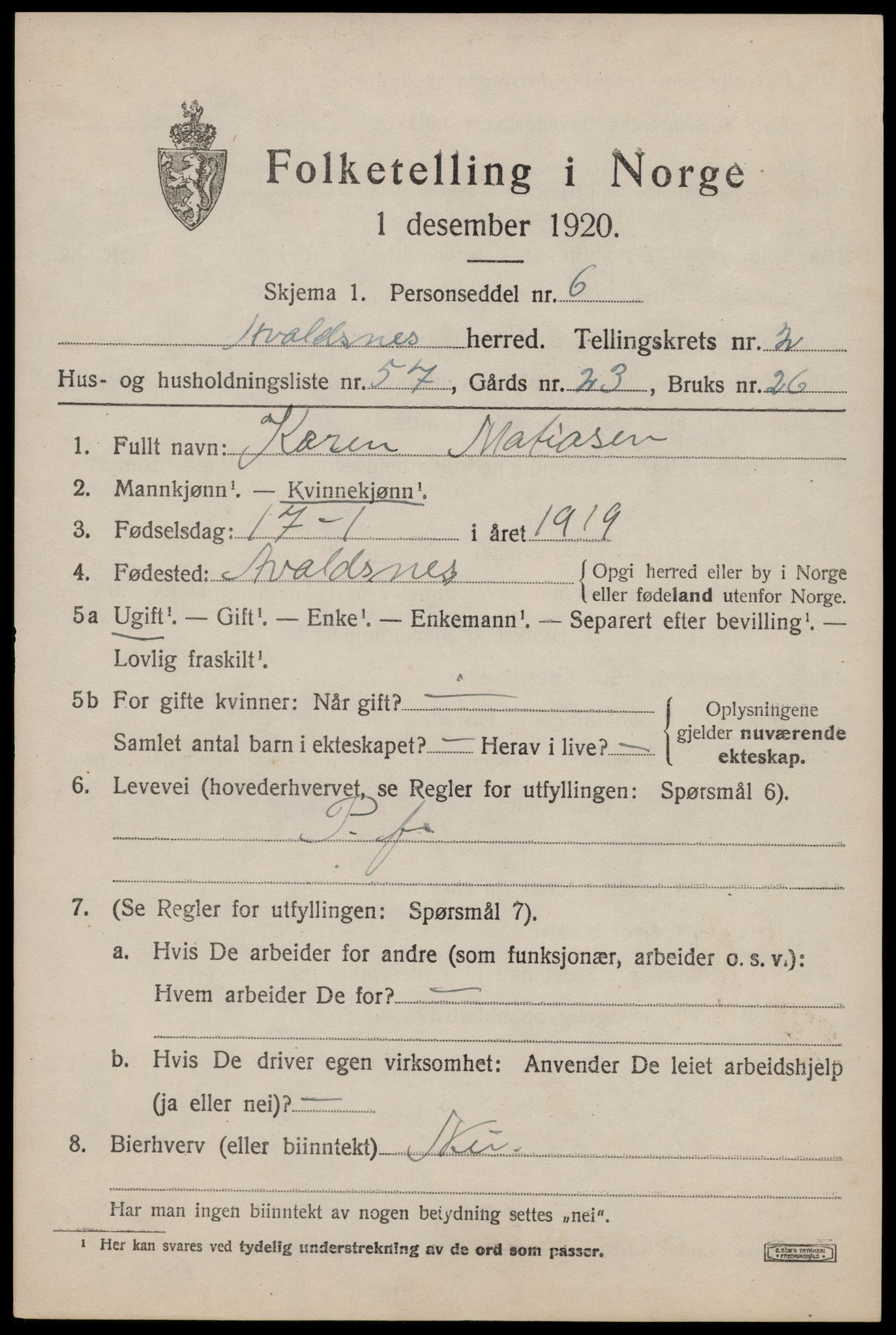 SAST, 1920 census for Avaldsnes, 1920, p. 2545