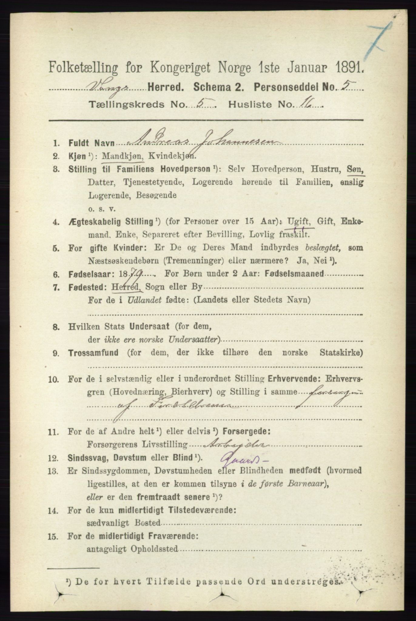 RA, 1891 census for 0414 Vang, 1891, p. 3590