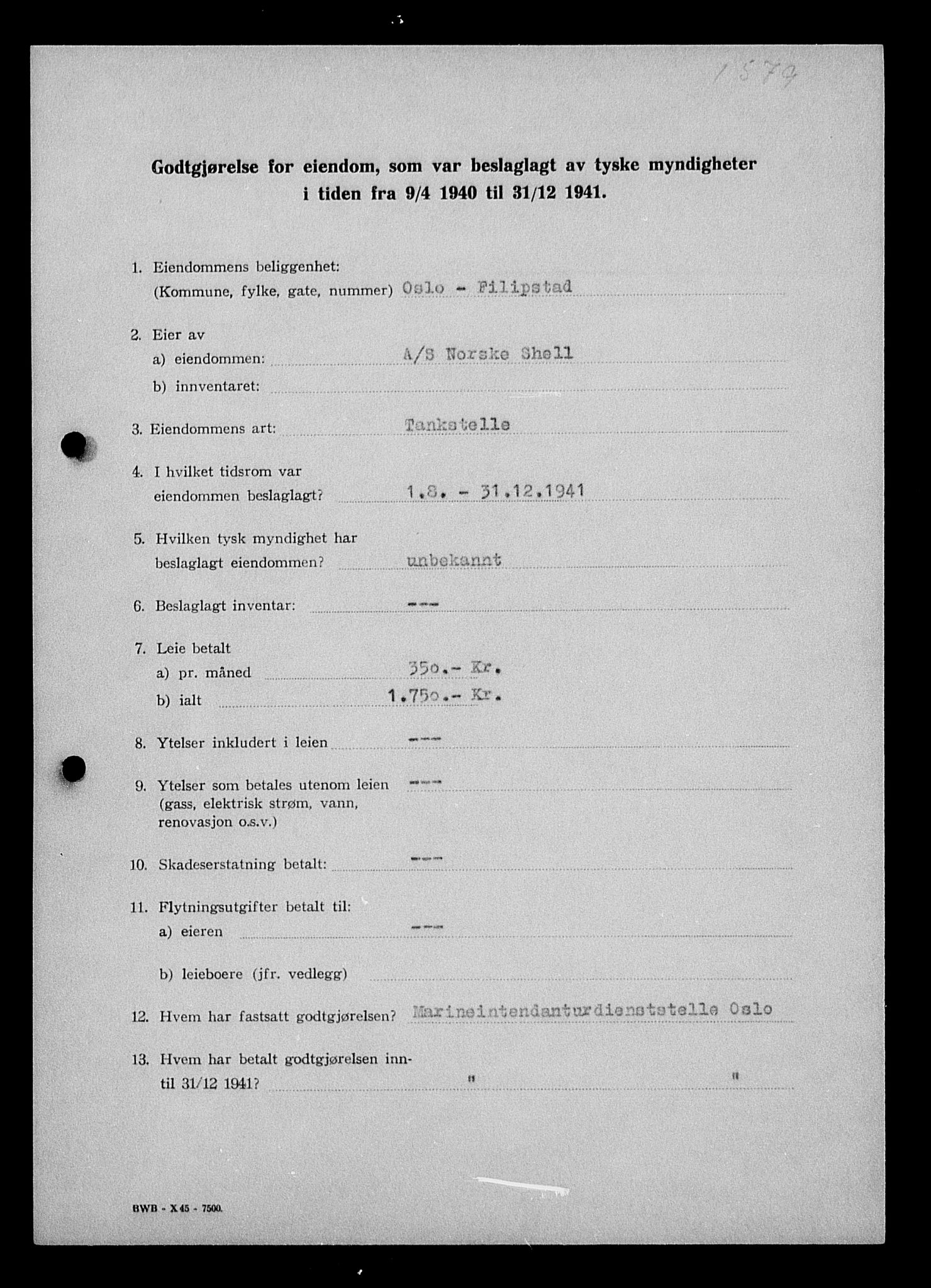 Justisdepartementet, Tilbakeføringskontoret for inndratte formuer, AV/RA-S-1564/I/L1011: Godtgjørelse for beslaglagt eiendom, 1940-1941, p. 312