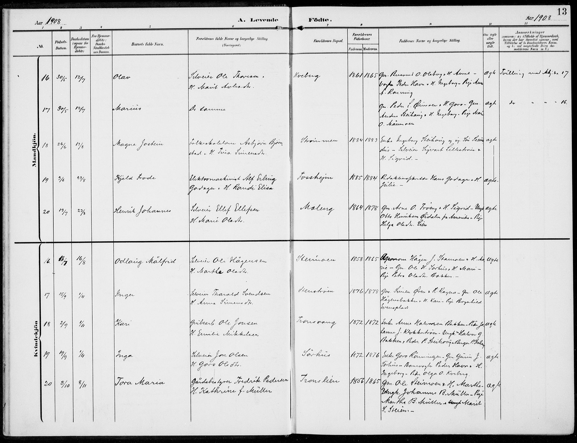 Alvdal prestekontor, AV/SAH-PREST-060/H/Ha/Haa/L0004: Parish register (official) no. 4, 1907-1919, p. 13