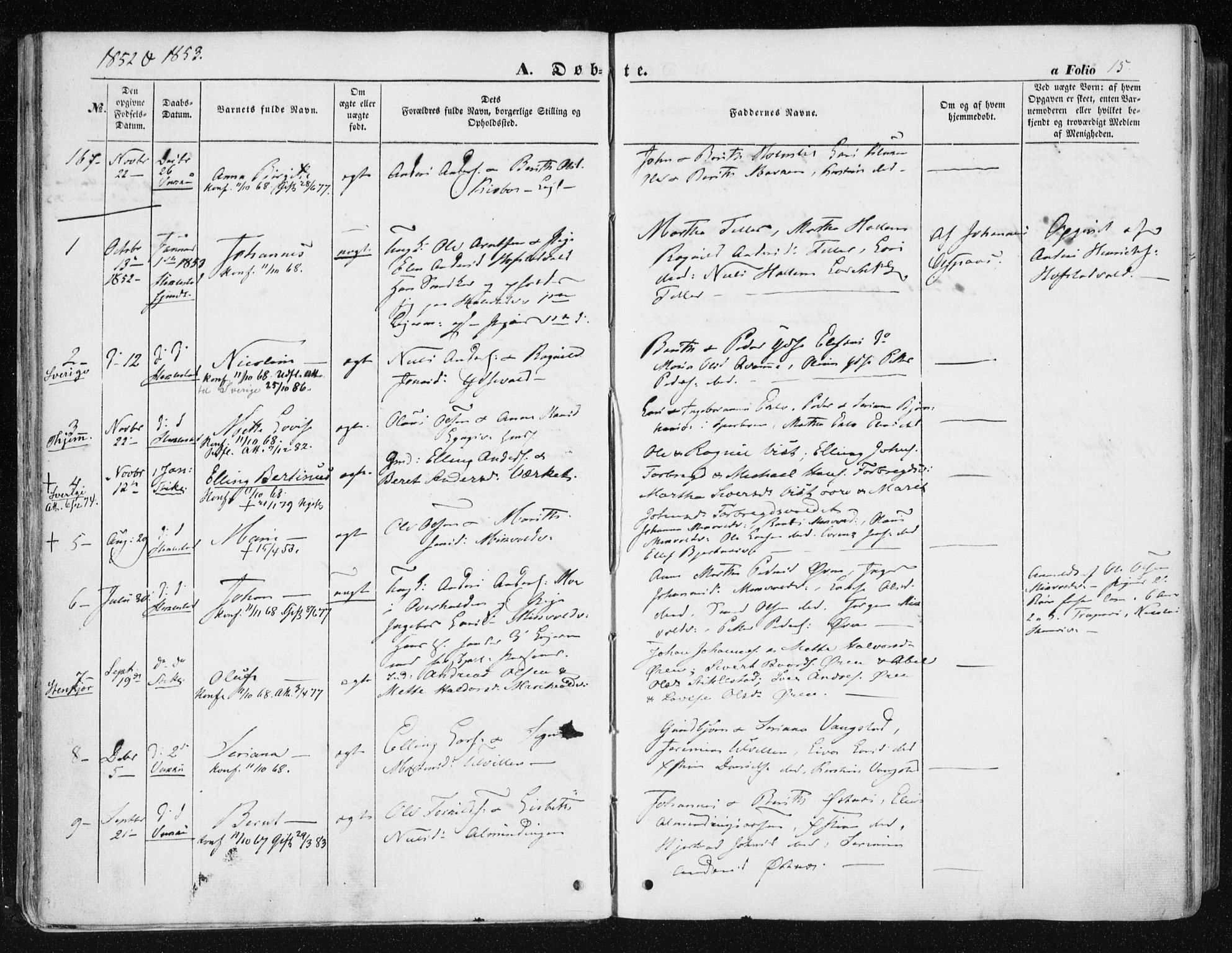 Ministerialprotokoller, klokkerbøker og fødselsregistre - Nord-Trøndelag, AV/SAT-A-1458/723/L0240: Parish register (official) no. 723A09, 1852-1860, p. 15