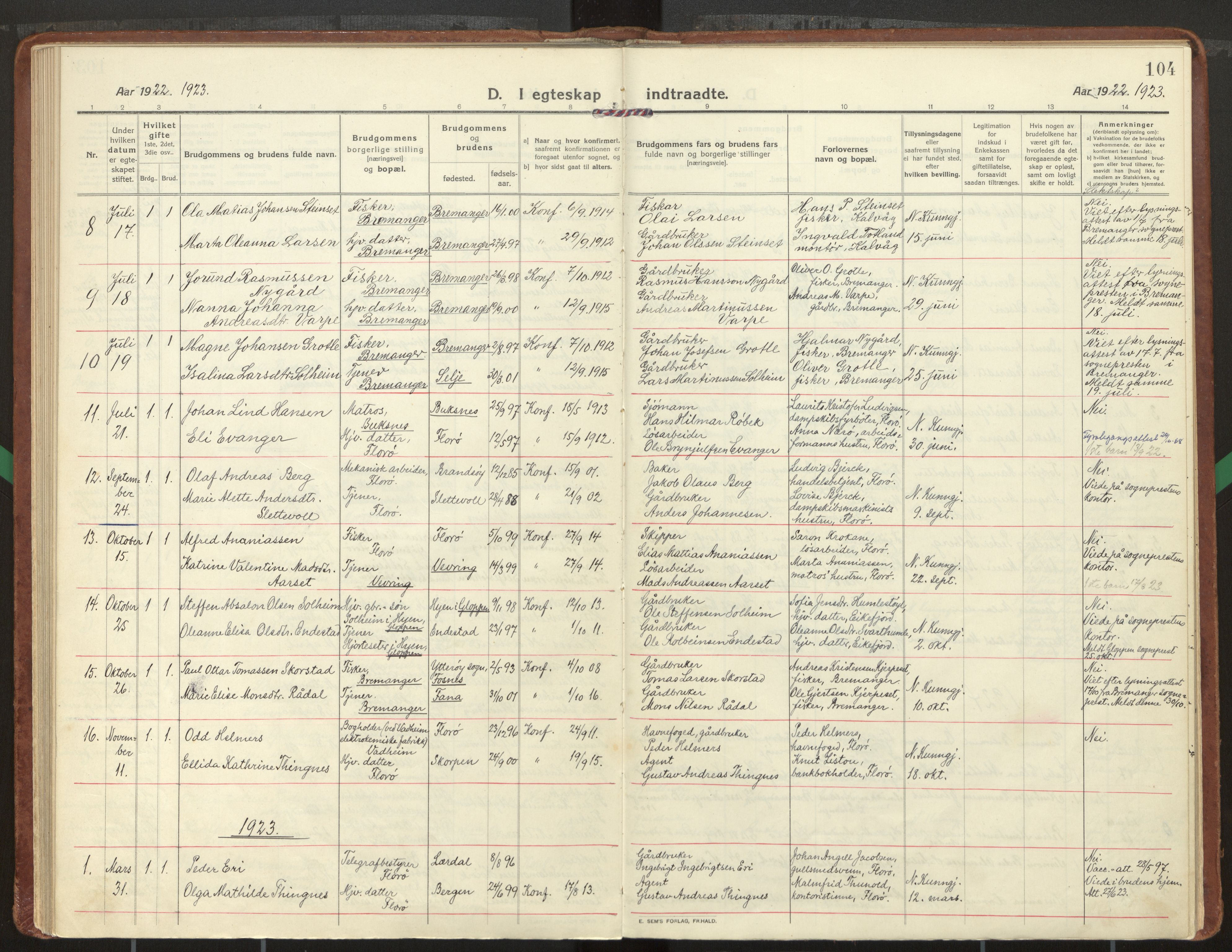 Kinn sokneprestembete, AV/SAB-A-80801/H/Haa/Haac/L0003: Parish register (official) no. C 3, 1917-1934, p. 104