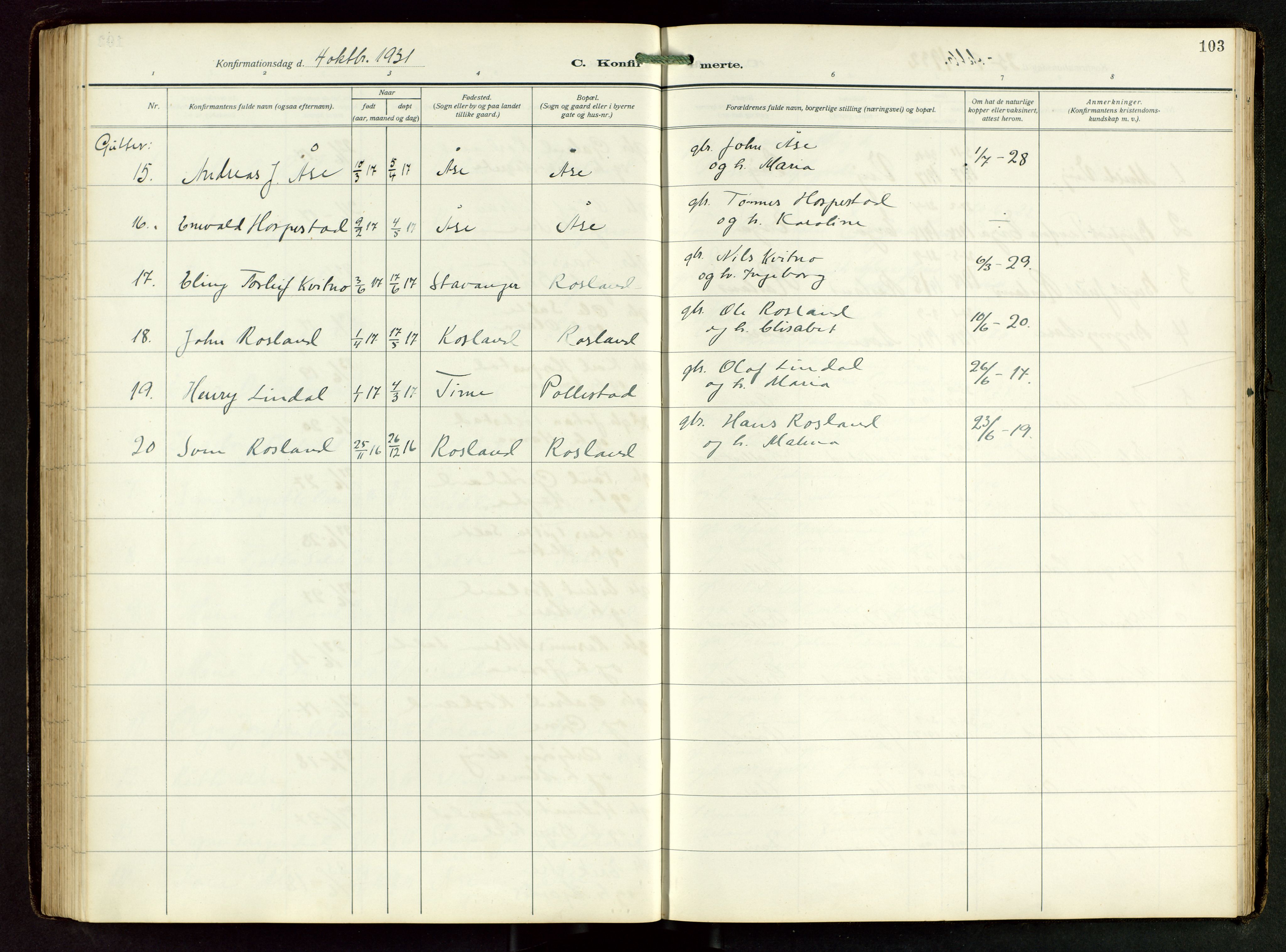 Klepp sokneprestkontor, SAST/A-101803/001/3/30BB/L0008: Parish register (copy) no. B 8, 1918-1949, p. 103