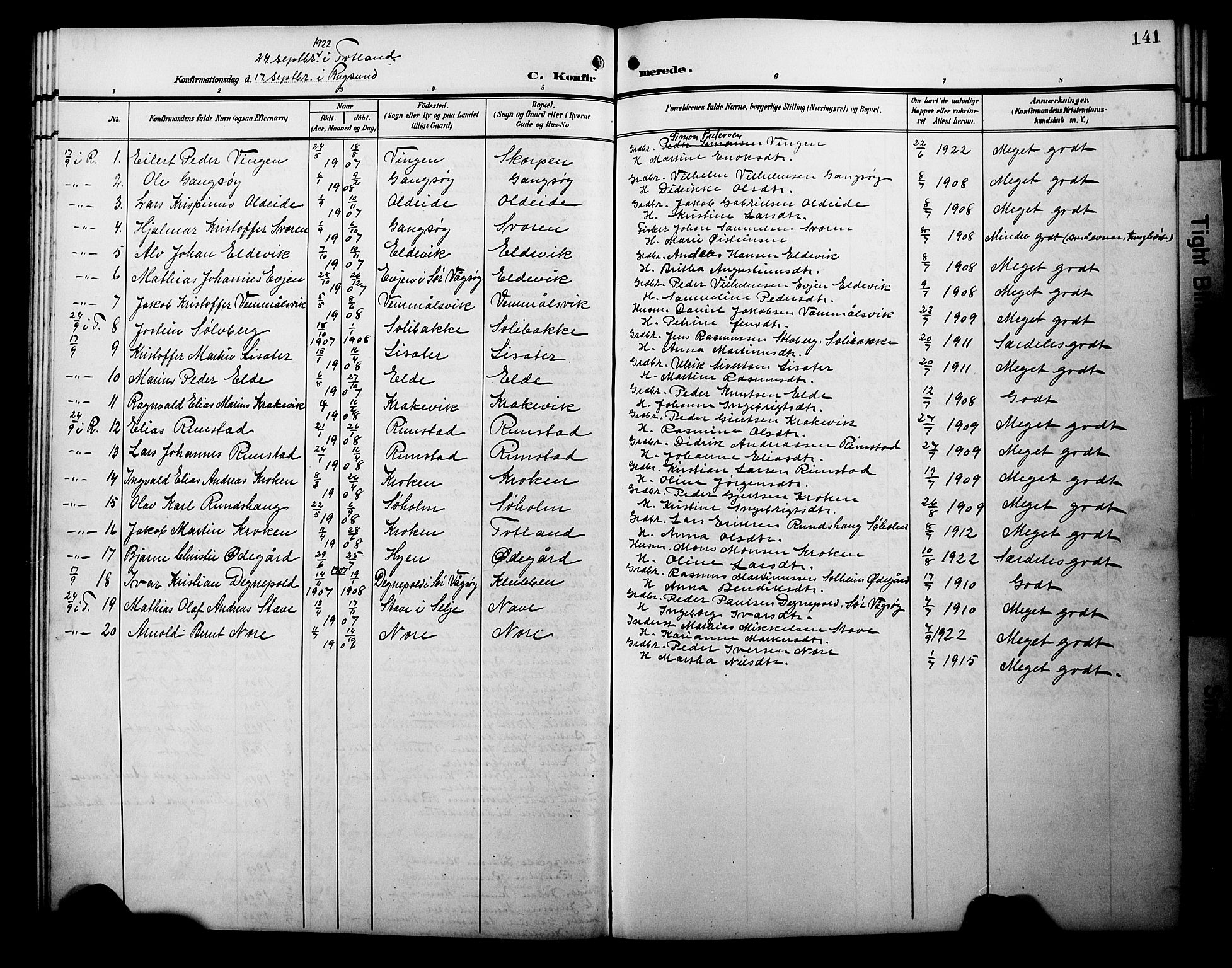 Davik sokneprestembete, AV/SAB-A-79701/H/Hab/Habc/L0003: Parish register (copy) no. C 3, 1907-1929, p. 141