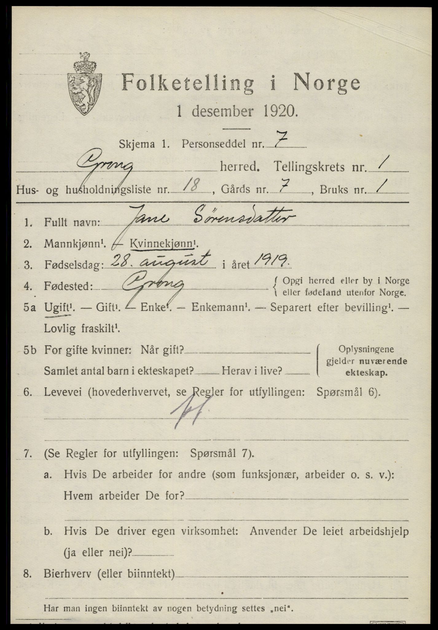 SAT, 1920 census for Grong, 1920, p. 1259