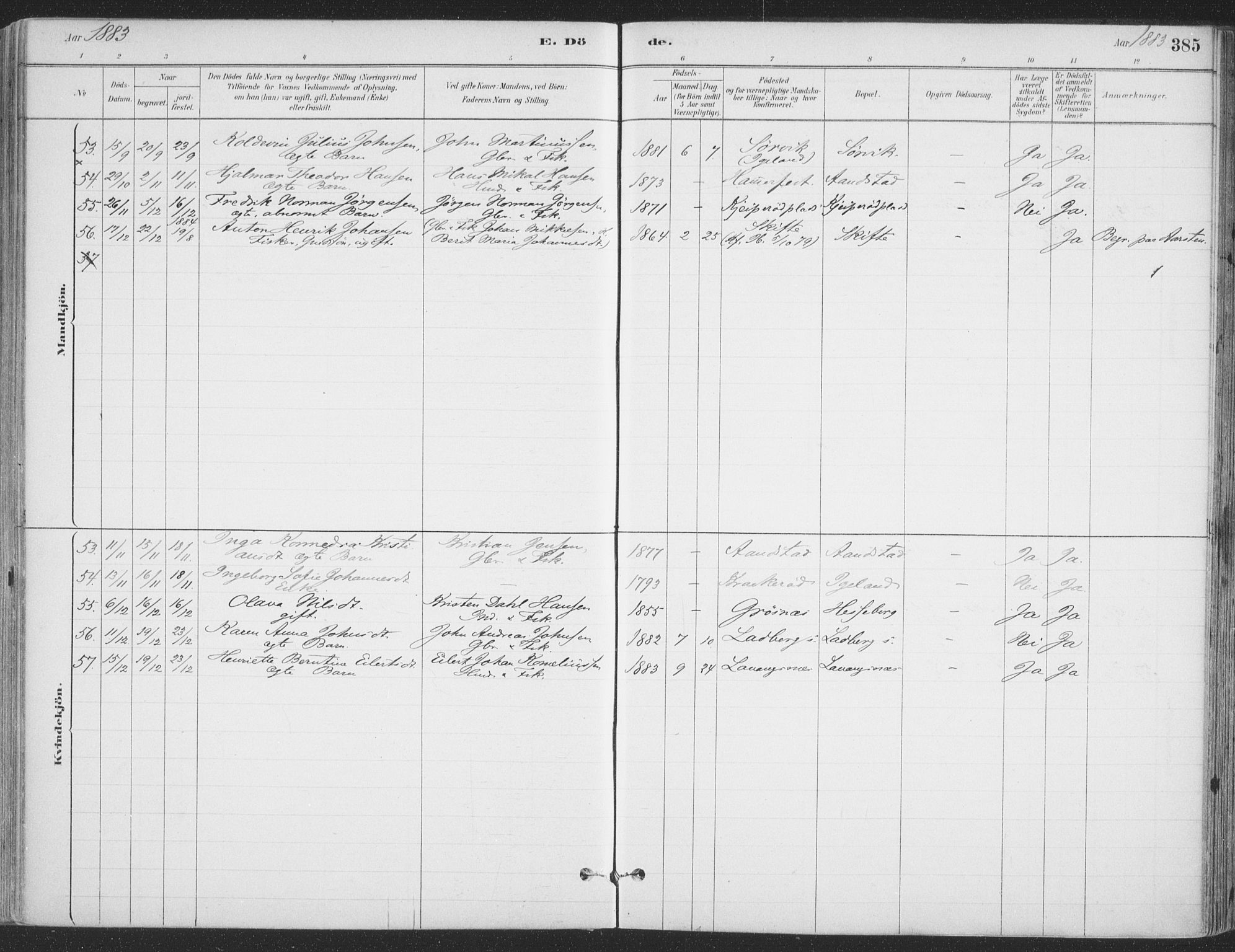 Ibestad sokneprestembete, AV/SATØ-S-0077/H/Ha/Haa/L0011kirke: Parish register (official) no. 11, 1880-1889, p. 385