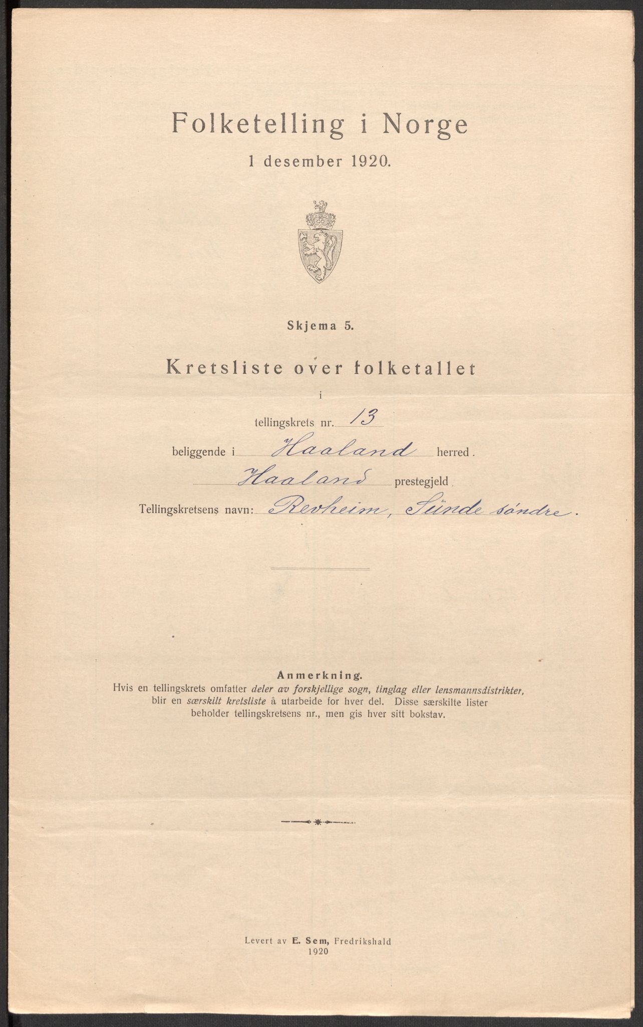 SAST, 1920 census for Håland, 1920, p. 45