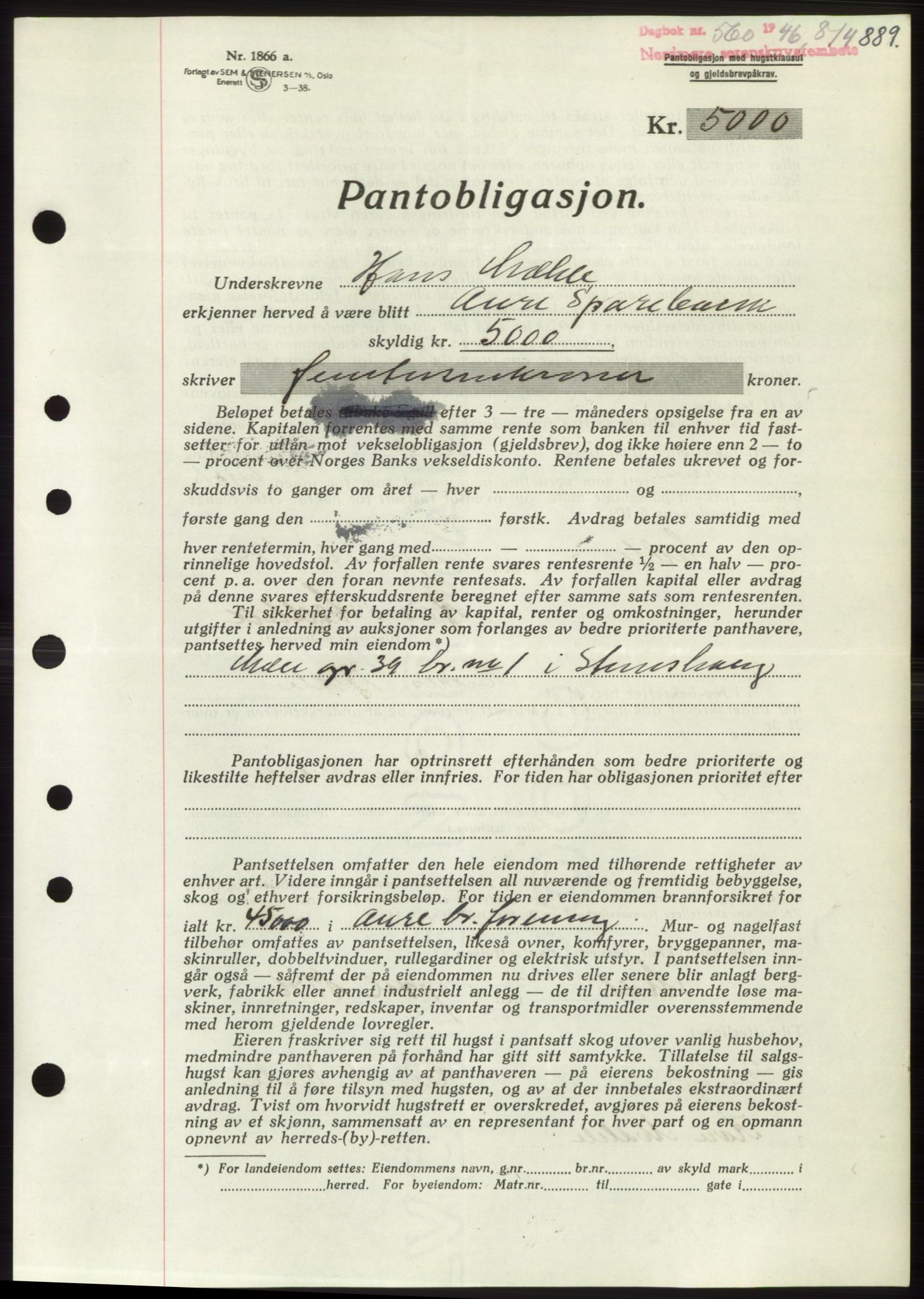 Nordmøre sorenskriveri, AV/SAT-A-4132/1/2/2Ca: Mortgage book no. B93b, 1946-1946, Diary no: : 560/1946