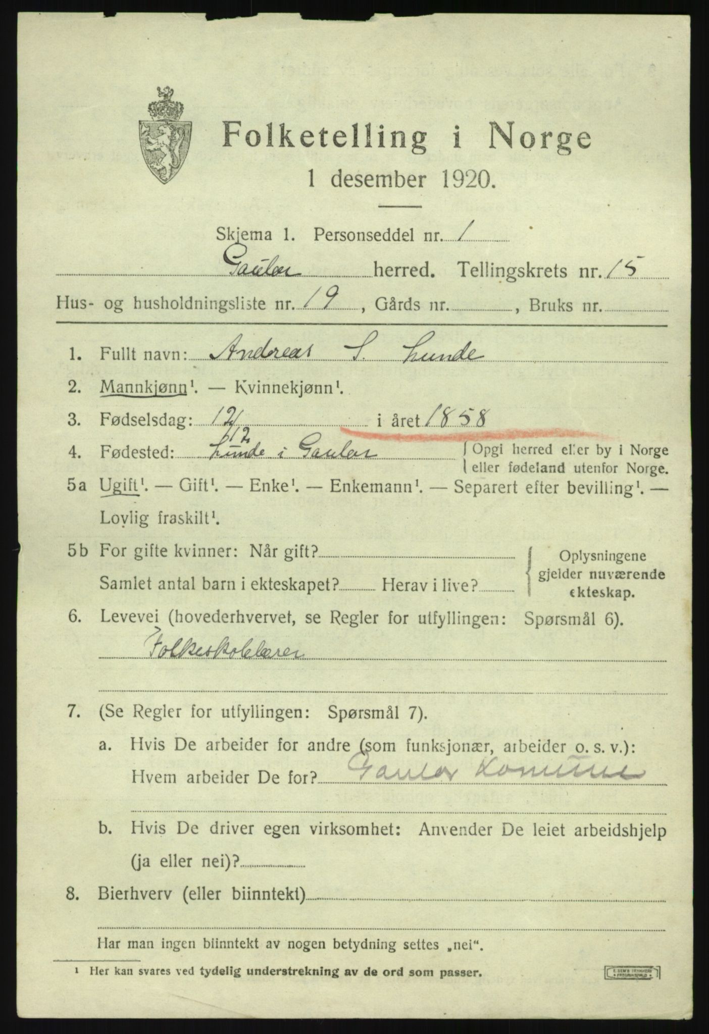 SAB, 1920 census for Gaular, 1920, p. 6896