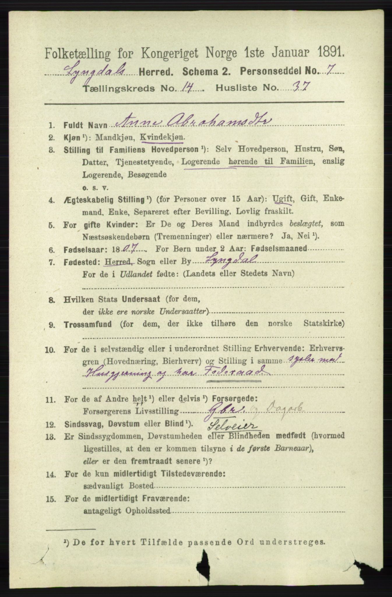 RA, 1891 census for 1032 Lyngdal, 1891, p. 6018