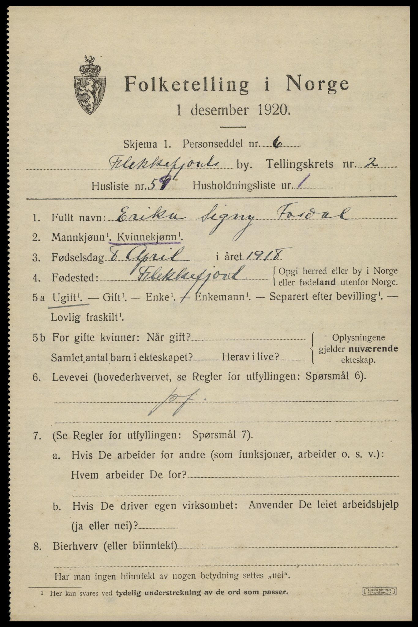 SAK, 1920 census for Flekkefjord, 1920, p. 3204