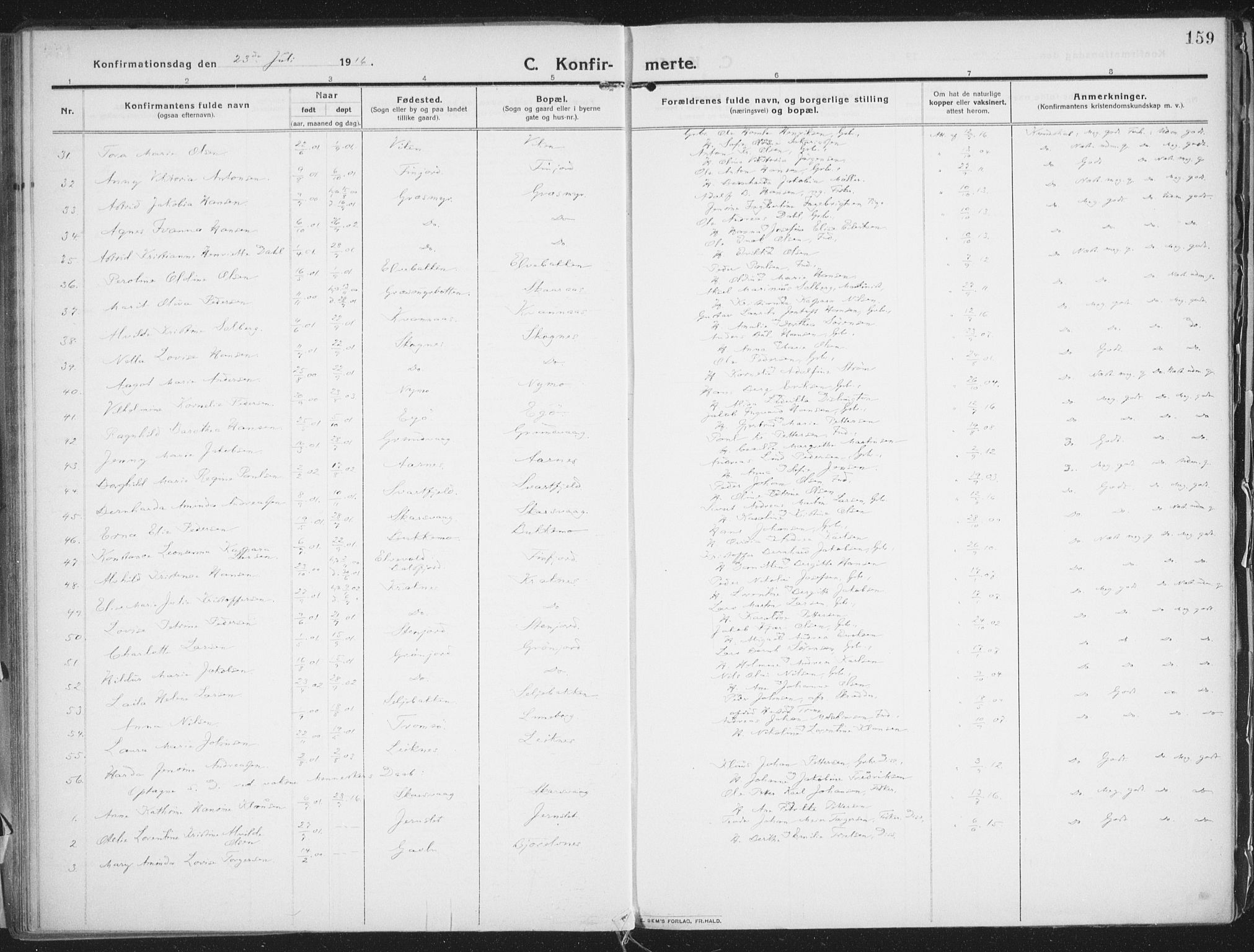 Lenvik sokneprestembete, AV/SATØ-S-1310/H/Ha/Haa/L0016kirke: Parish register (official) no. 16, 1910-1924, p. 159