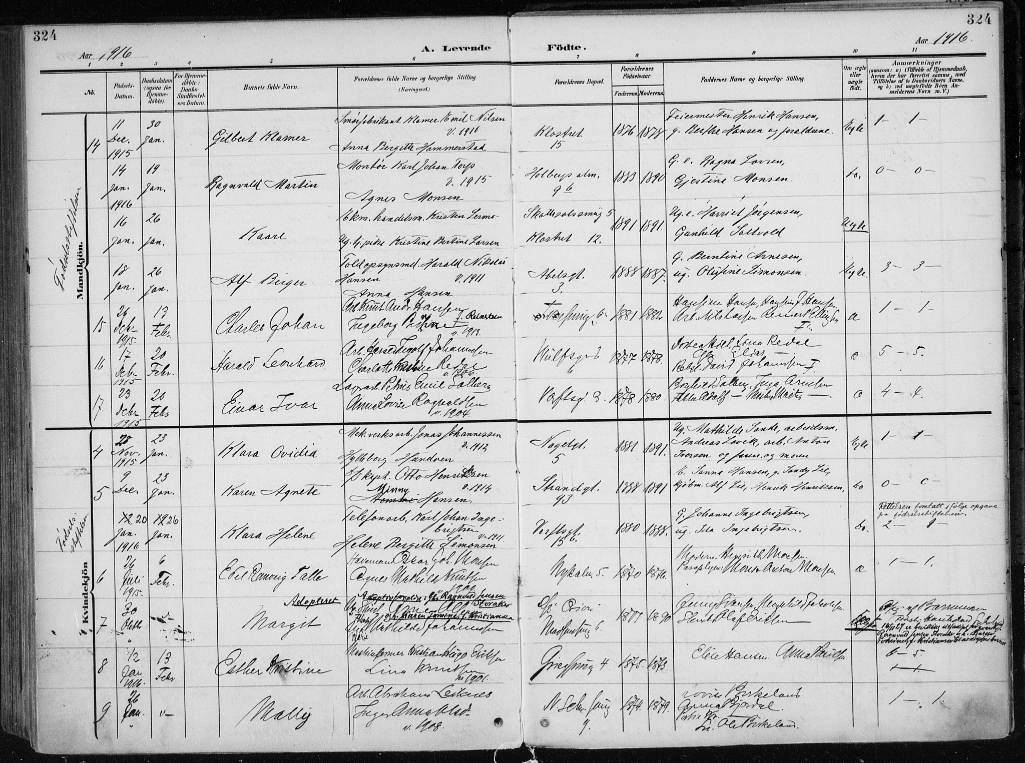 Nykirken Sokneprestembete, AV/SAB-A-77101/H/Haa/L0019: Parish register (official) no. B 7, 1904-1916, p. 324