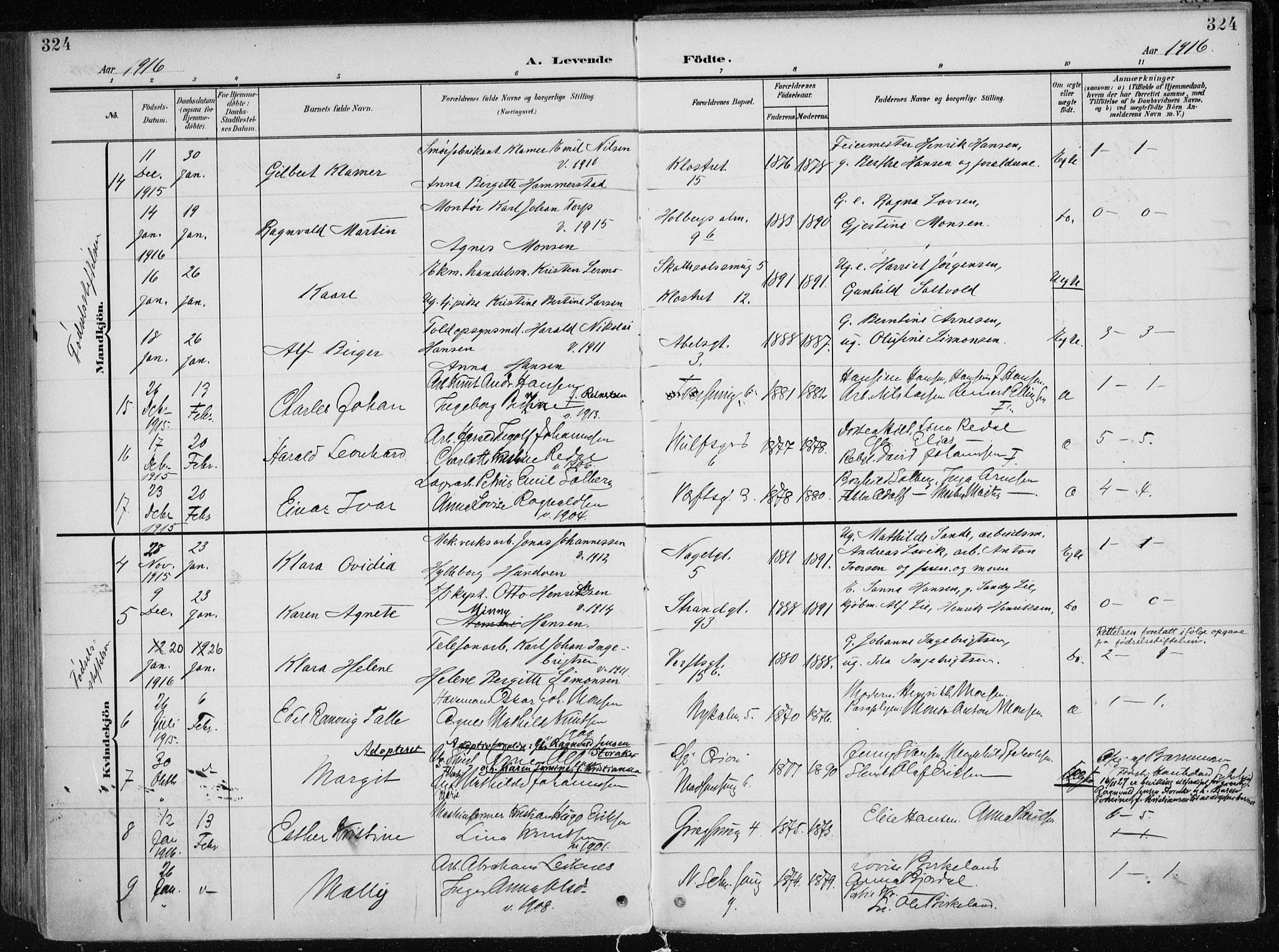 Nykirken Sokneprestembete, AV/SAB-A-77101/H/Haa/L0019: Parish register (official) no. B 7, 1904-1916, p. 324