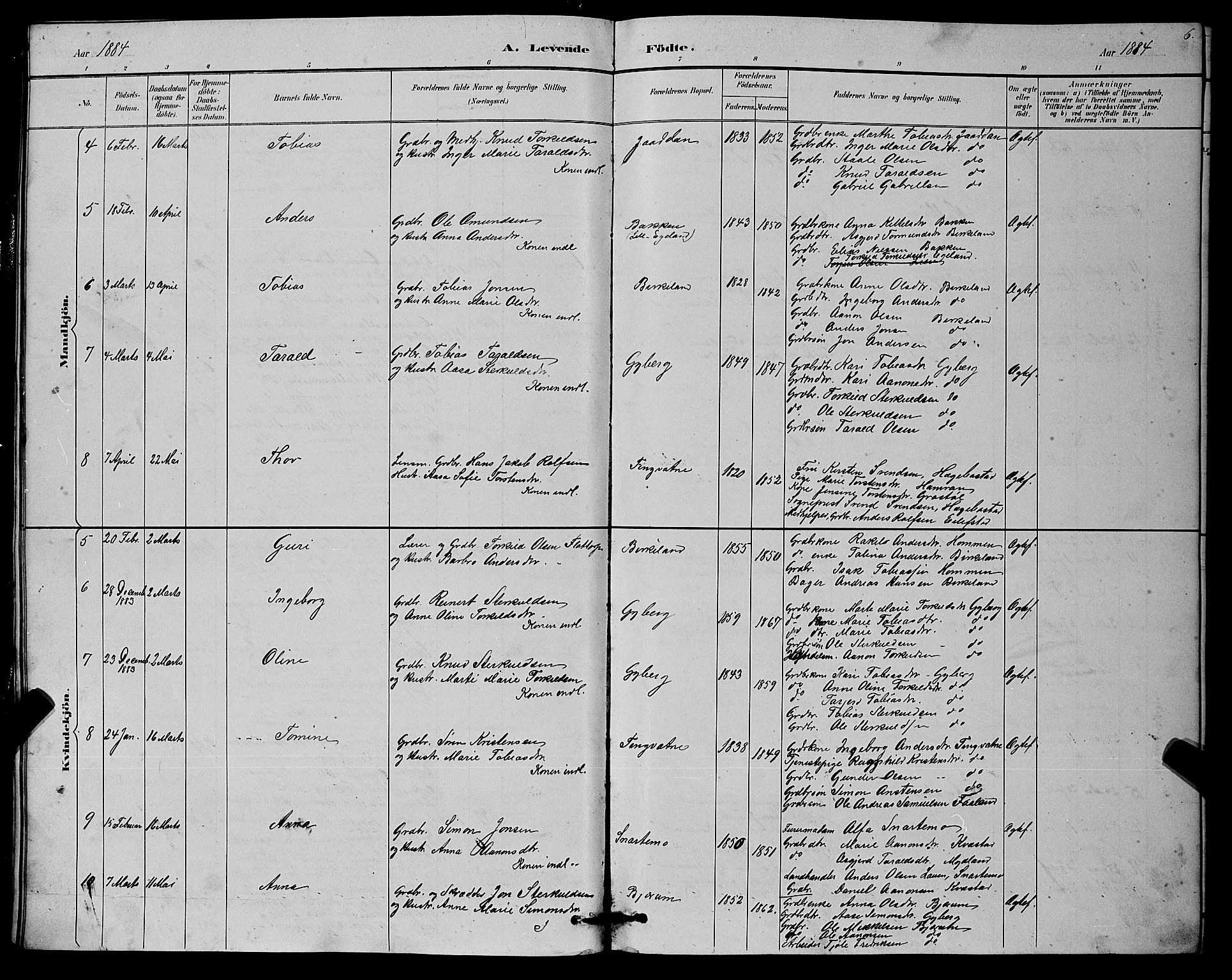 Hægebostad sokneprestkontor, AV/SAK-1111-0024/F/Fb/Fba/L0003: Parish register (copy) no. B 3, 1883-1896, p. 6