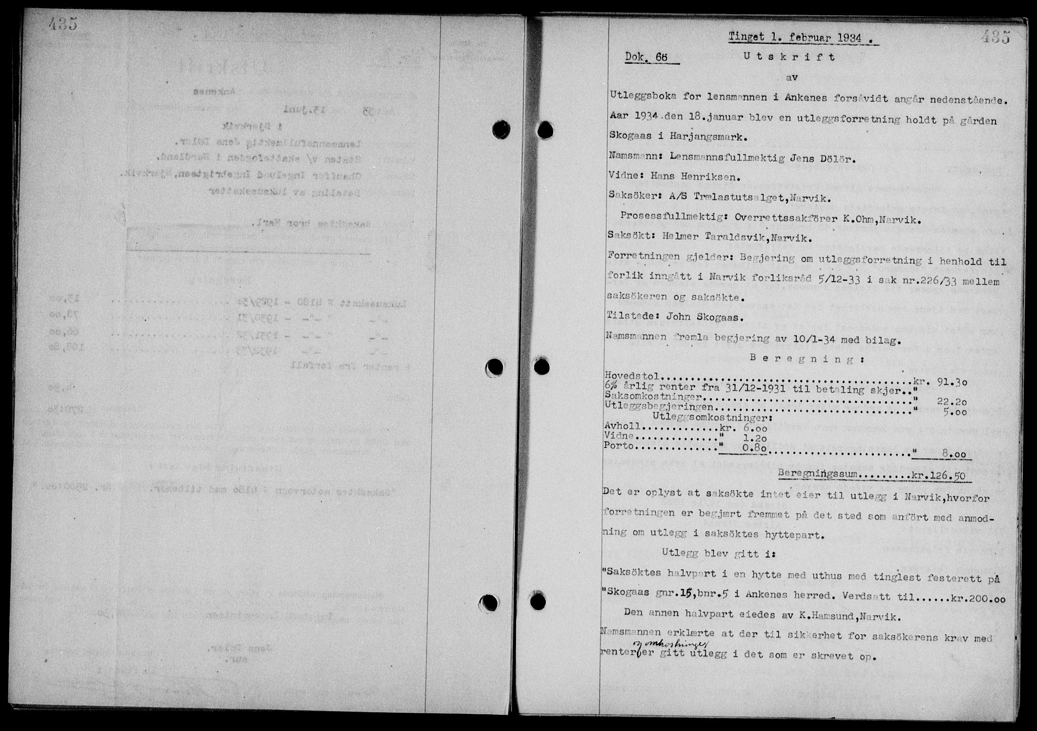 Steigen og Ofoten sorenskriveri, SAT/A-0030/1/2/2C/L0023/0002: Mortgage book no. 26-II og 27, 1933-1934, Deed date: 01.02.1934