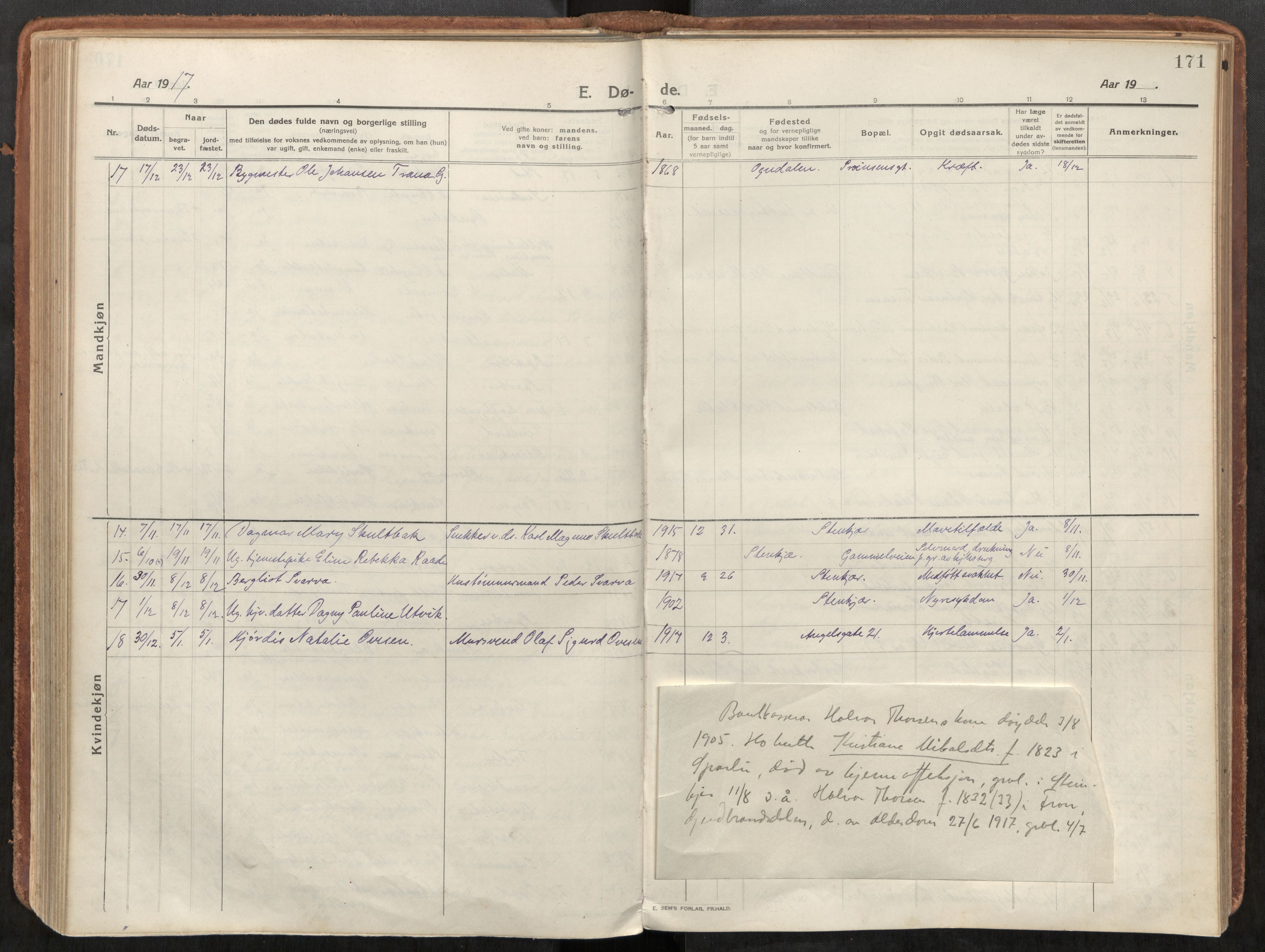 Steinkjer sokneprestkontor, SAT/A-1541/01/H/Ha/Haa/L0003: Parish register (official) no. 3, 1913-1922, p. 171