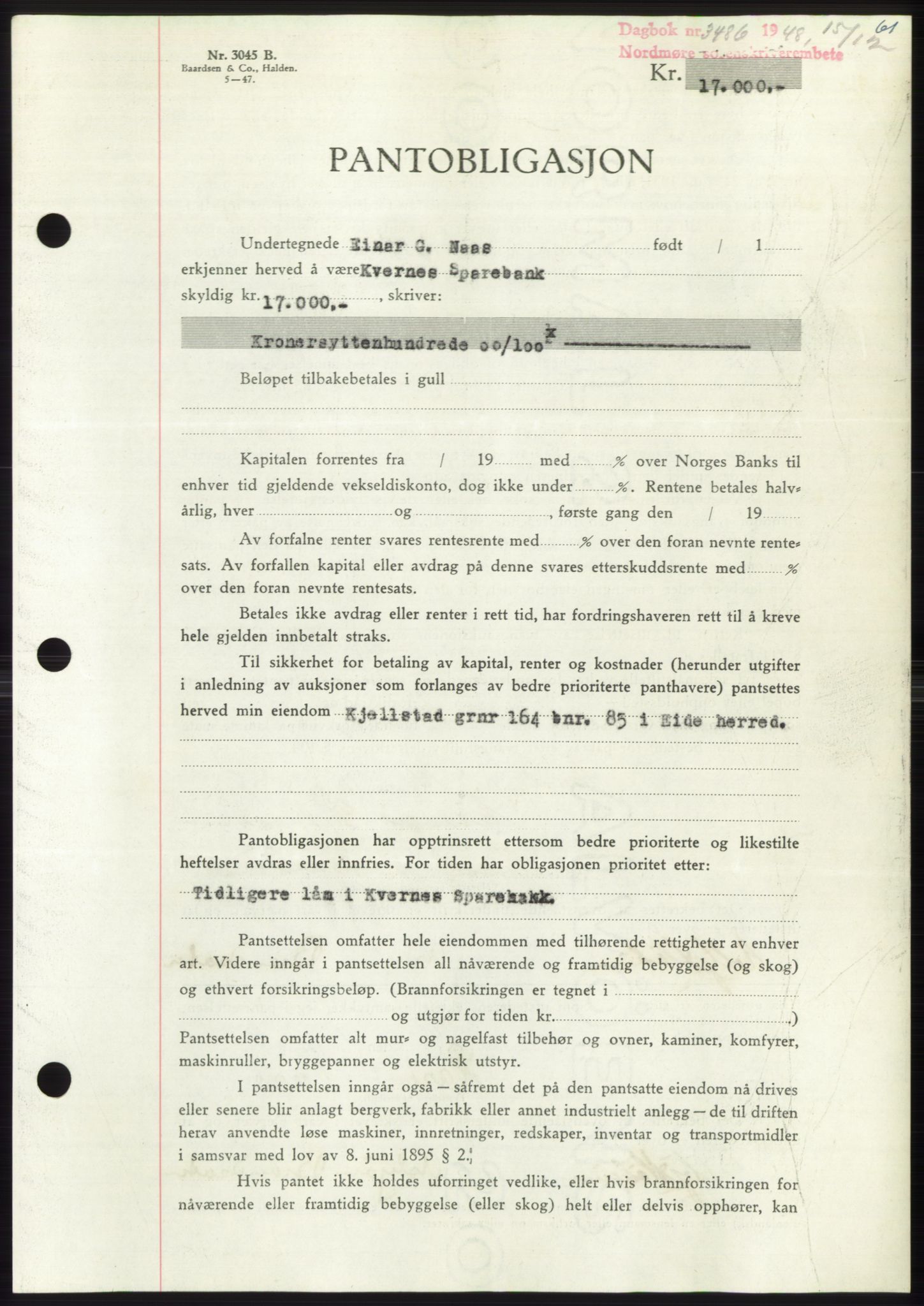 Nordmøre sorenskriveri, AV/SAT-A-4132/1/2/2Ca: Mortgage book no. B100, 1948-1949, Diary no: : 3486/1948