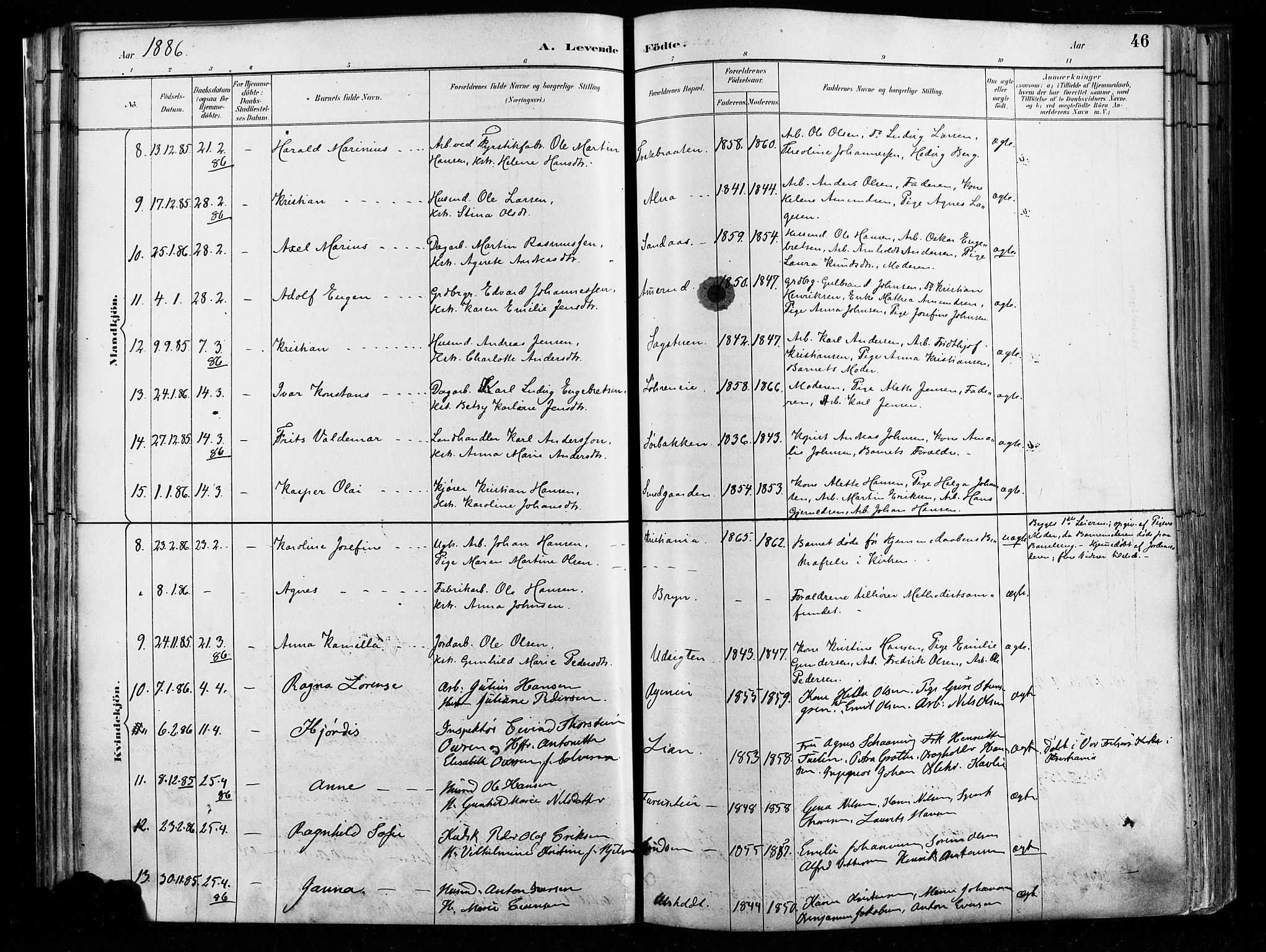 Østre Aker prestekontor Kirkebøker, AV/SAO-A-10840/F/Fa/L0008: Parish register (official) no. I 8, 1883-1894, p. 46