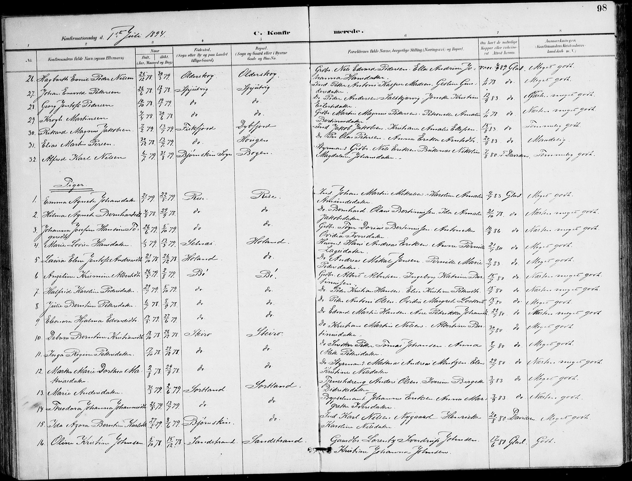 Ministerialprotokoller, klokkerbøker og fødselsregistre - Nordland, SAT/A-1459/895/L1372: Parish register (official) no. 895A07, 1894-1914, p. 98