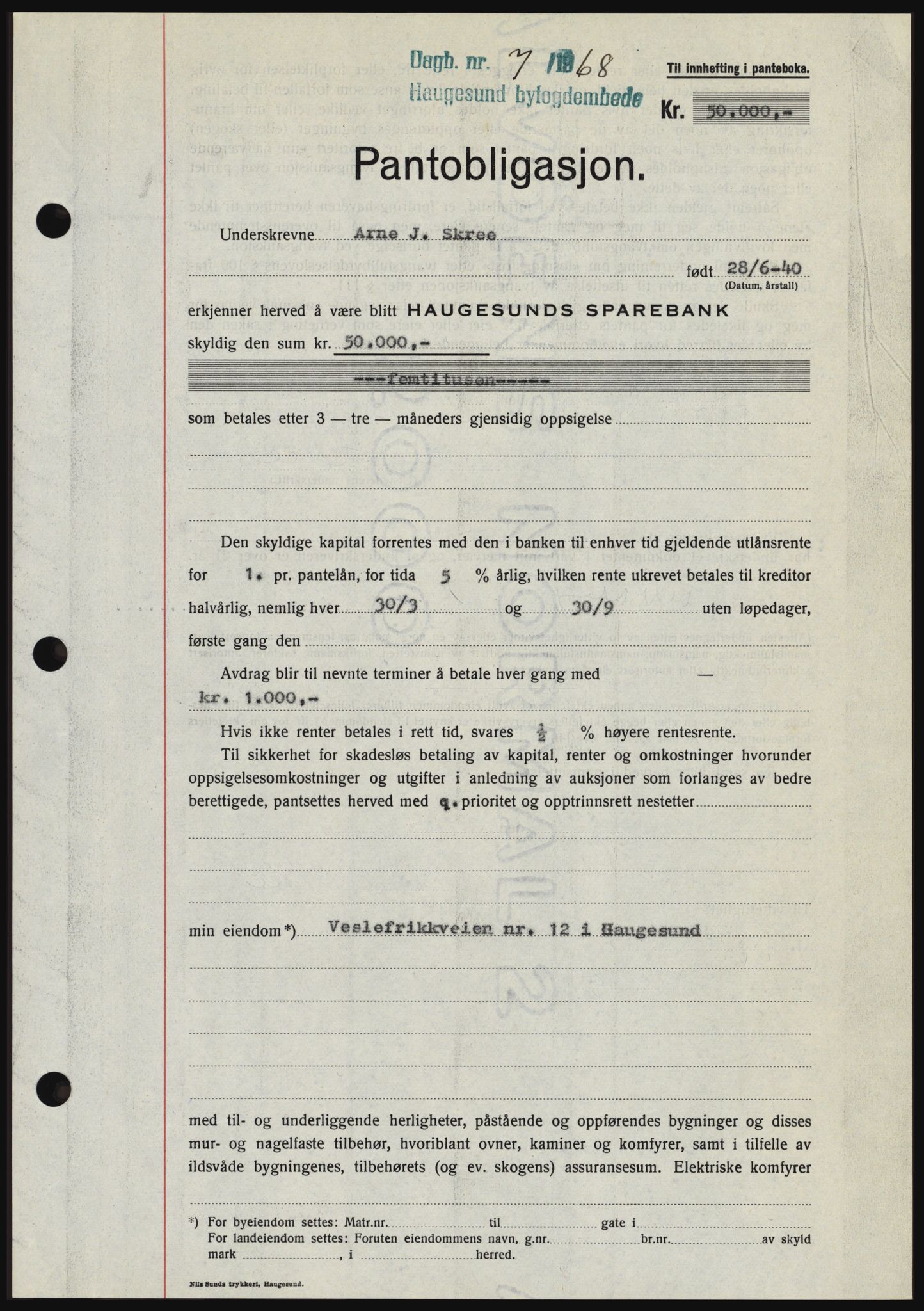 Haugesund tingrett, SAST/A-101415/01/II/IIC/L0058: Mortgage book no. B 58, 1967-1968, Diary no: : 7/1968
