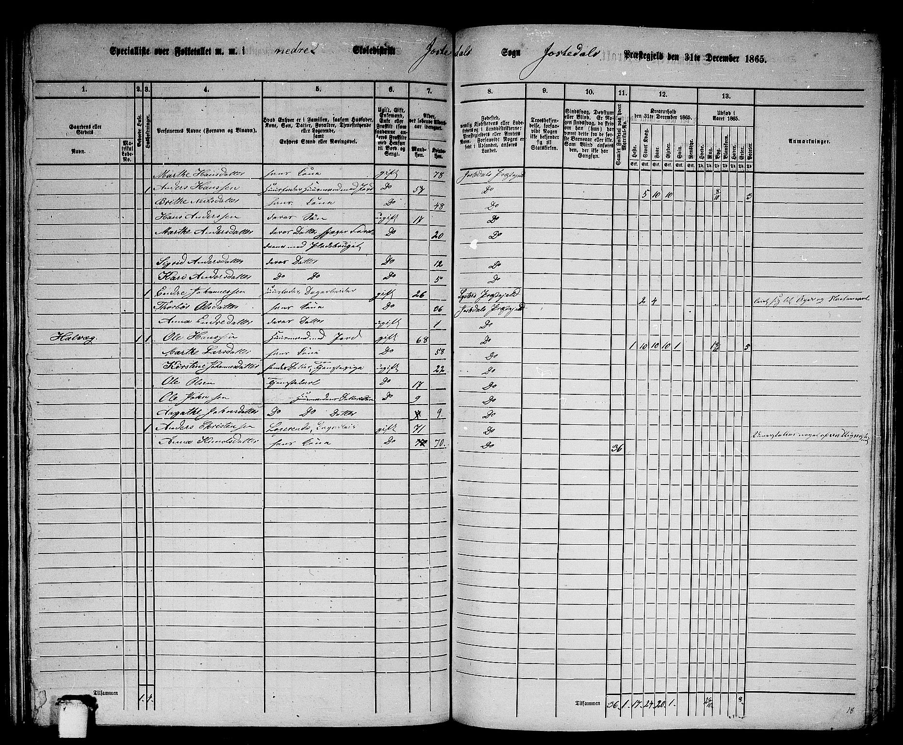 RA, 1865 census for Jostedal, 1865, p. 22